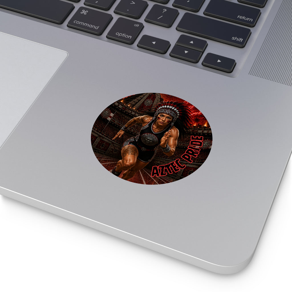 Aztec Track & Field Female Warrior Round Vinyl Sticker 2”–6” | Made & Shipped in the USA • 🚚 FREE USA Shipping • Personalized Option