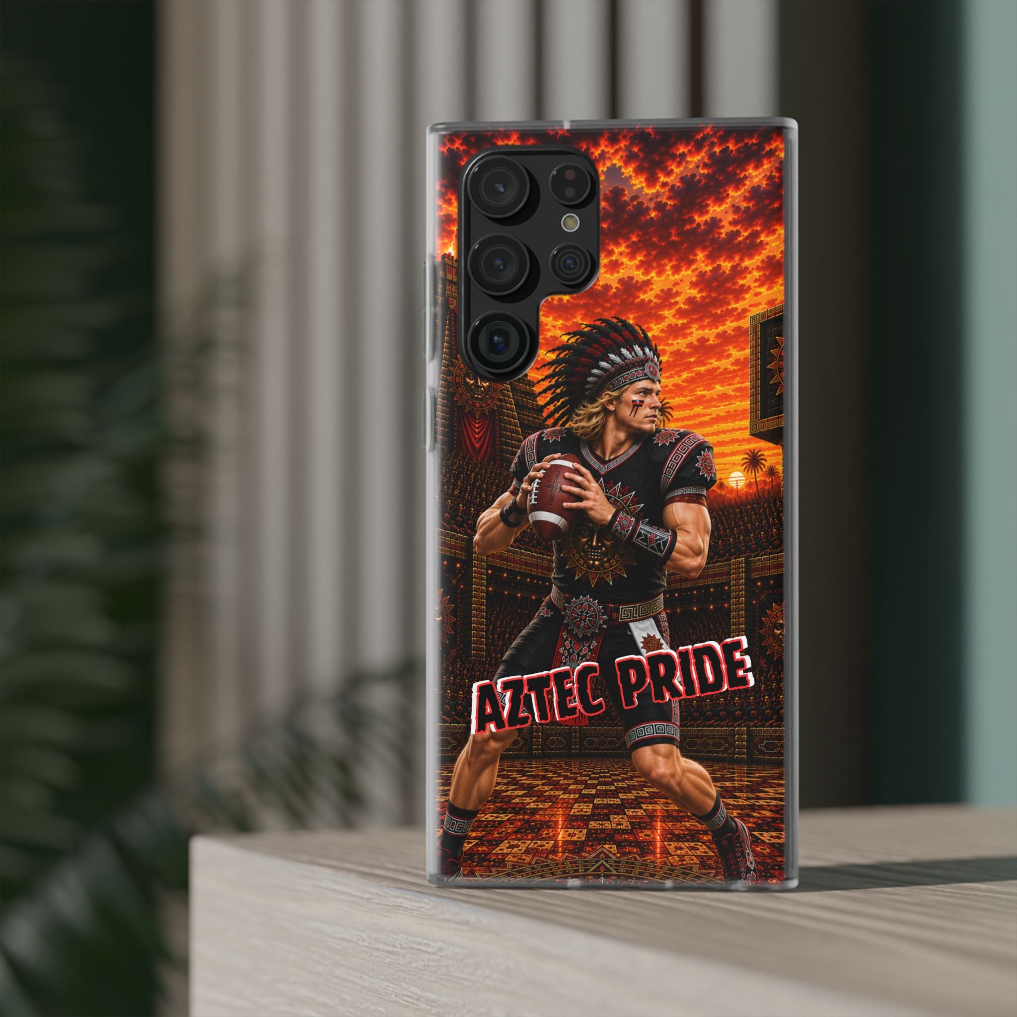 Aztec Football Warrior – Flexi Phone Case (iPhone & Samsung • Clear TPU • Made & Shipped in the USA • 🚚 FREE USA Shipping • Personalized Option)