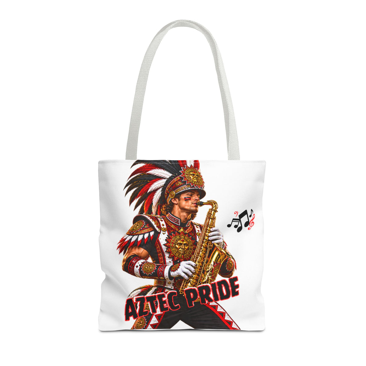 Aztec Saxophone Warrior Tote Bag | Aztec-Inspired AI Art • Made & Shipped in the USA • 🚚 FREE USA Shipping • FREE Personalization