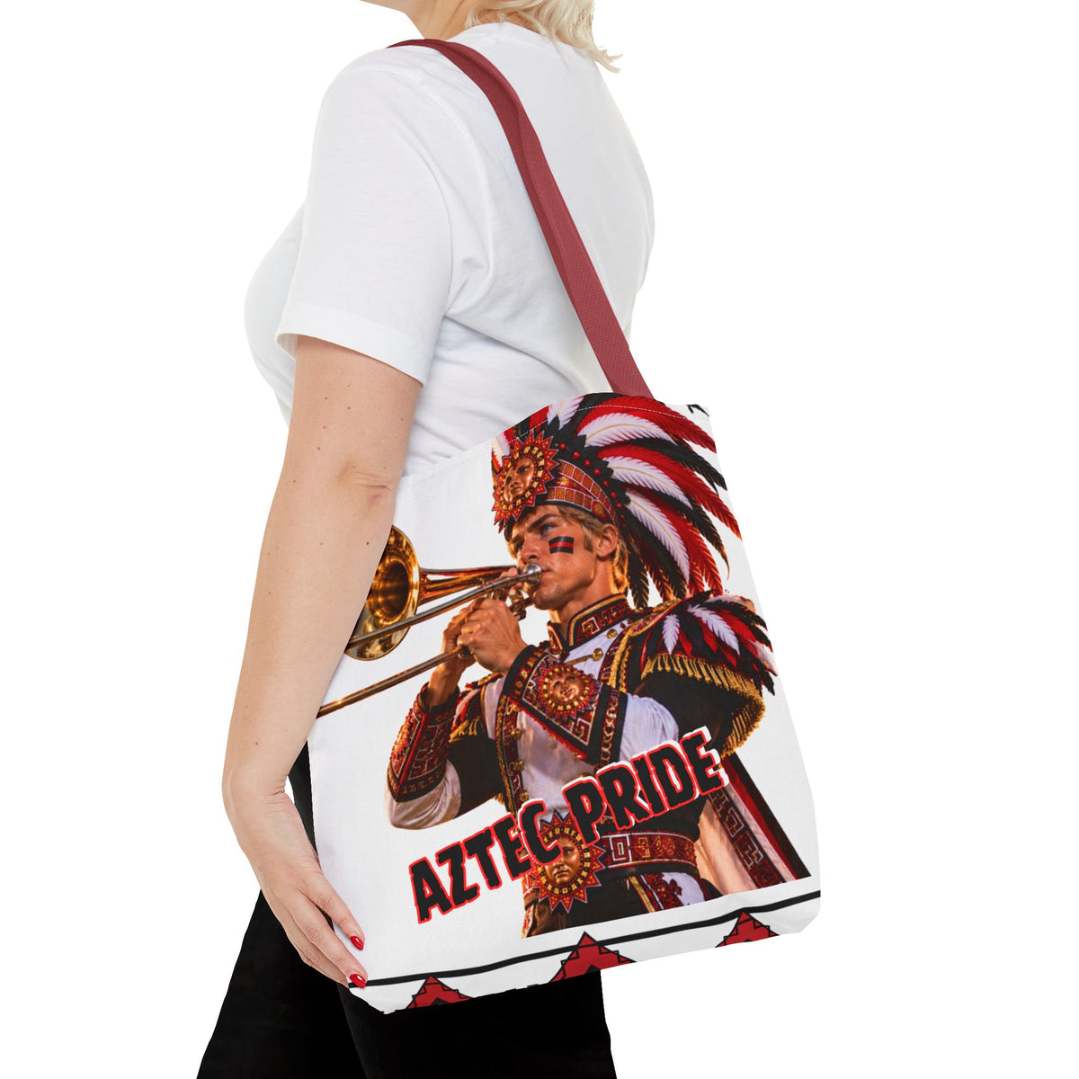 Aztec Trombone Warrior Tote Bag | Aztec-Inspired AI Art • Made & Shipped in the USA • 🚚 FREE USA Shipping • FREE Personalization