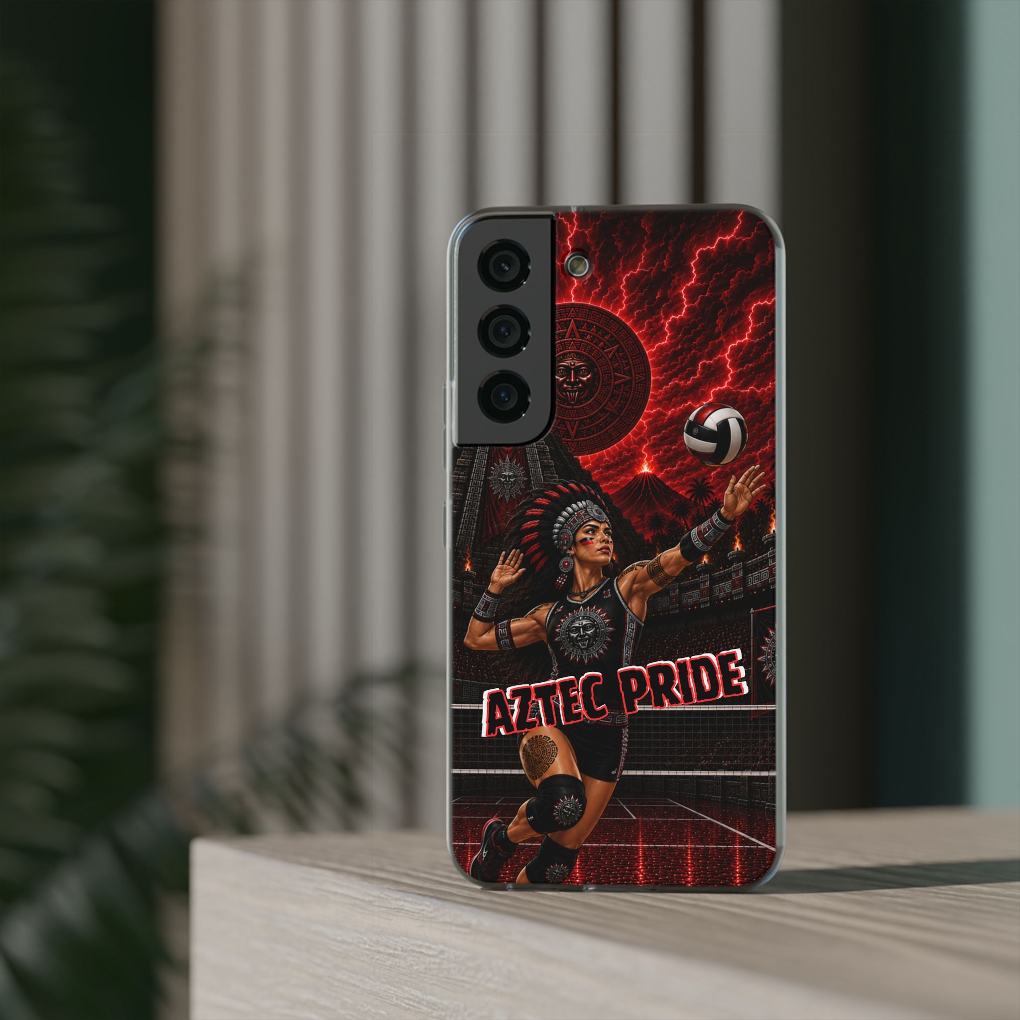 Aztec Volleyball Warrior – Flexi Phone Case (iPhone & Samsung • Clear TPU • Made & Shipped in the USA • 🚚 FREE USA Shipping • Personalized Option)