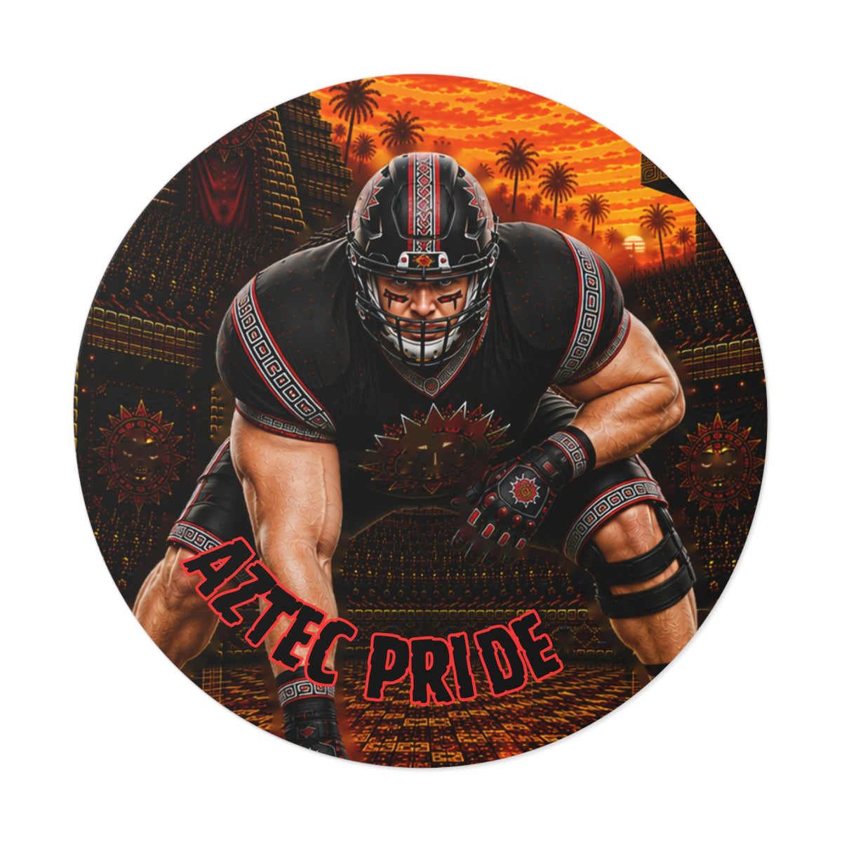 Aztec Football O-Line Warrior Round Vinyl Sticker 2”–6” | Made & Shipped in the USA • 🚚 FREE USA Shipping • Personalized Option
