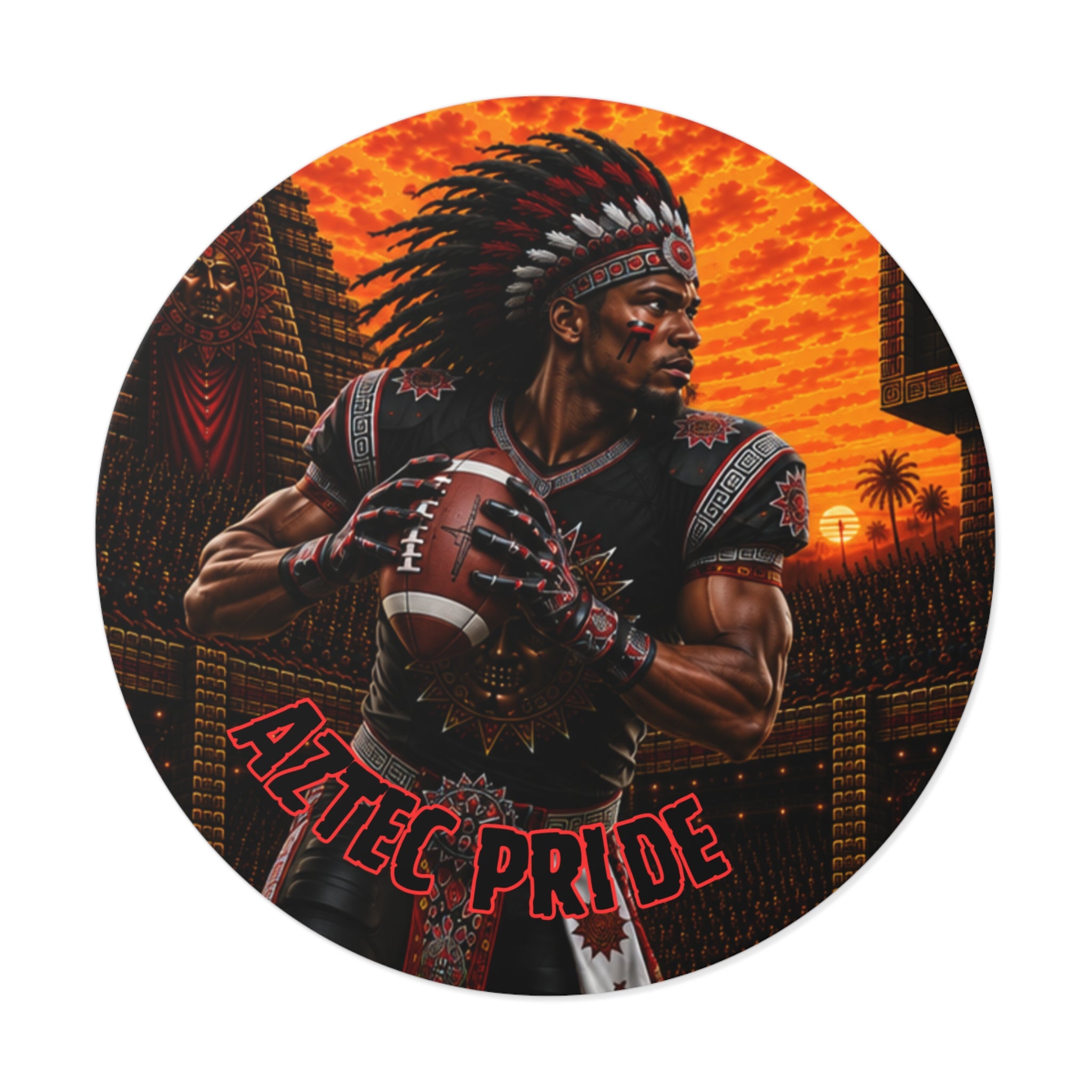 Aztec Football Quarterback Warrior Round Vinyl Sticker 2”–6” | Made & Shipped in the USA • 🚚 FREE USA Shipping • Personalized Option