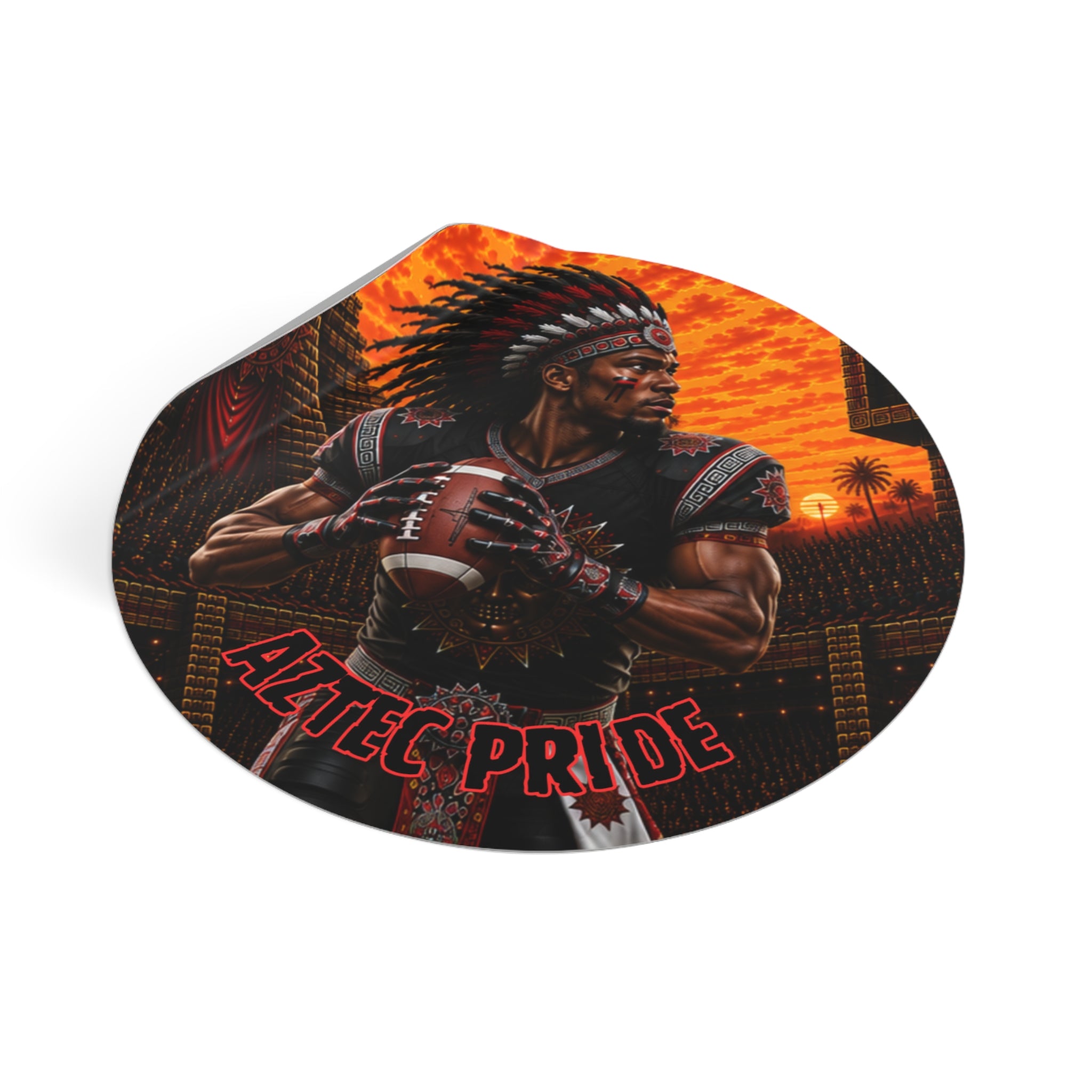 Aztec Football Quarterback Warrior Round Vinyl Sticker 2”–6” | Made & Shipped in the USA • 🚚 FREE USA Shipping • Personalized Option