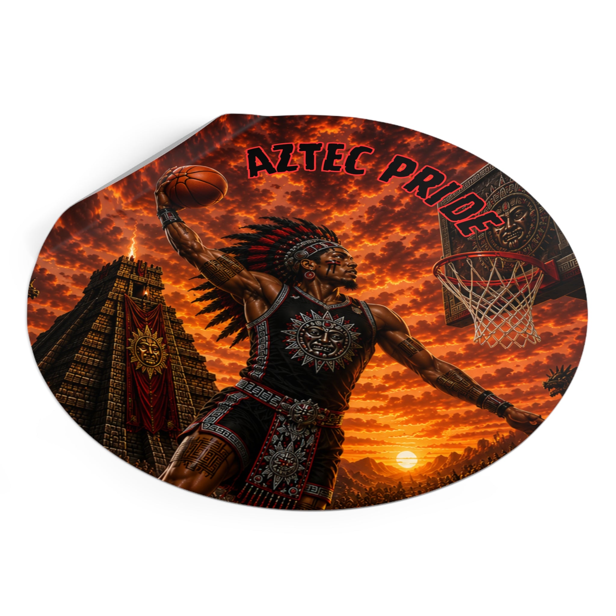 Aztec Basketball Male Warrior Round Vinyl Sticker 2”–6” | Made & Shipped in the USA • 🚚 FREE USA Shipping • Personalized Option
