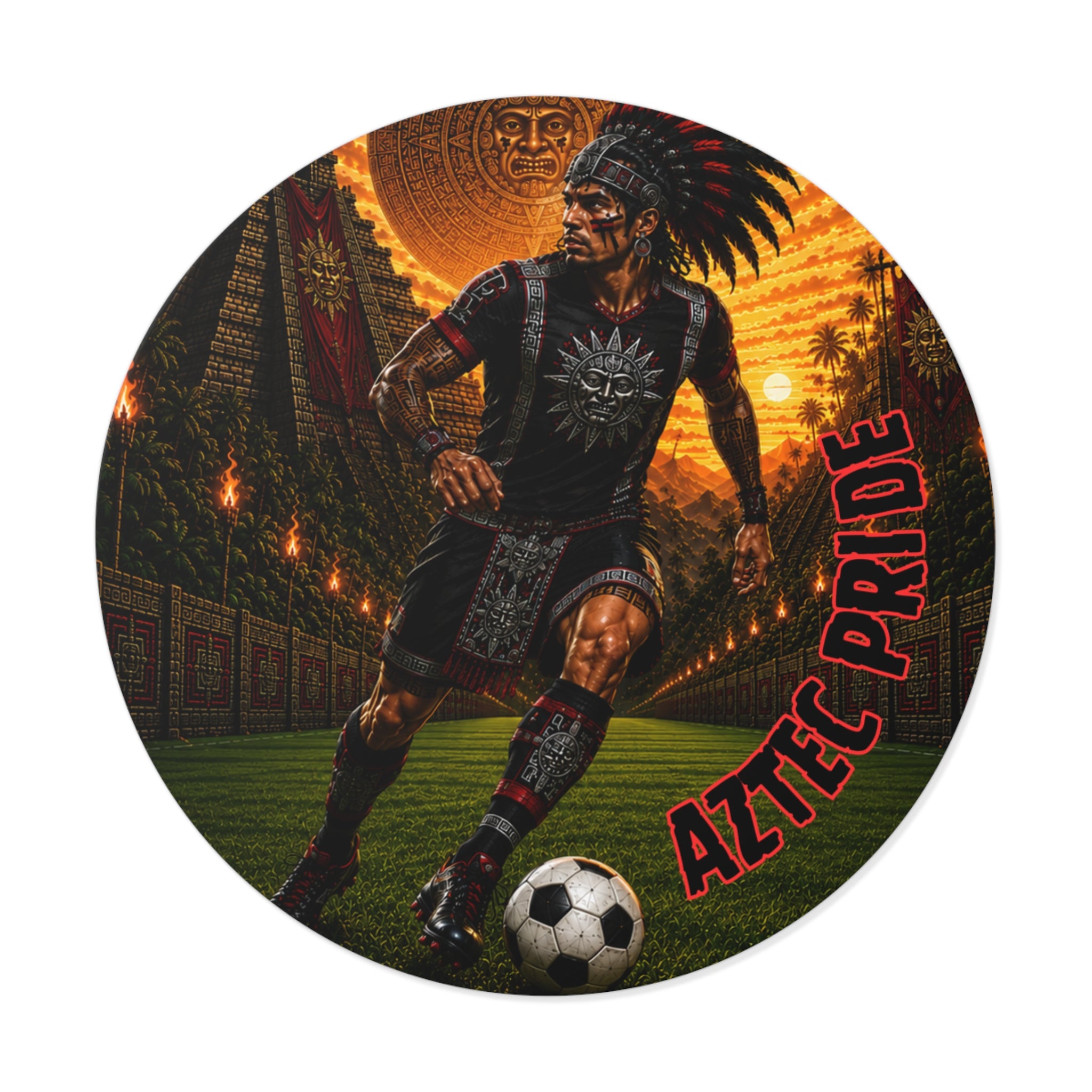 Aztec Soccer Male Warrior Round Vinyl Sticker 2”–6” | Made & Shipped in the USA • 🚚 FREE USA Shipping • Personalized Option