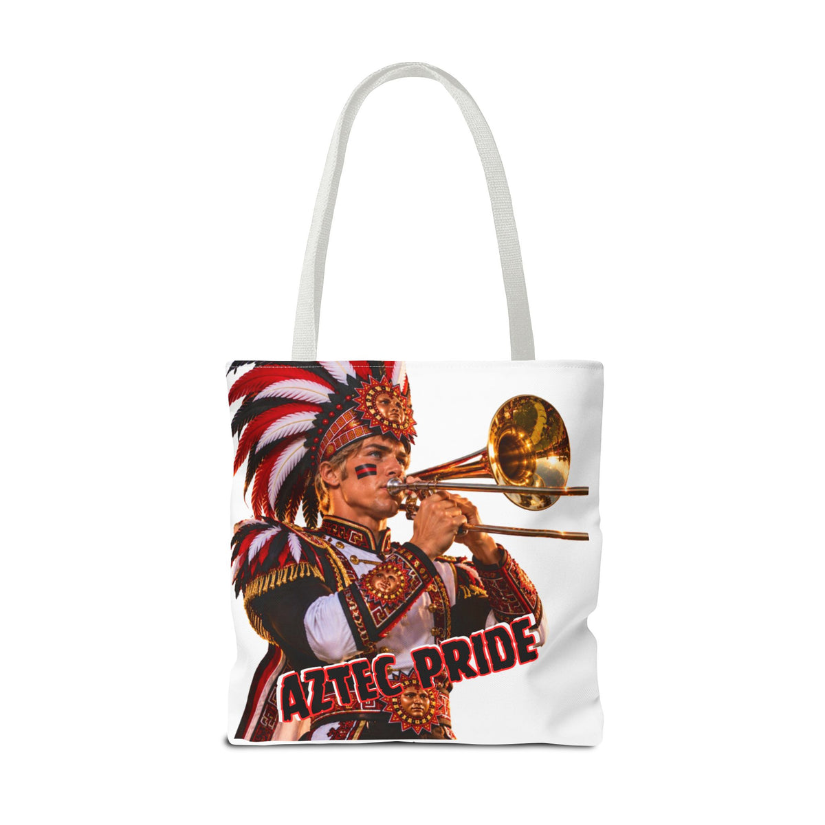 Aztec Trombone Warrior Tote Bag | Aztec-Inspired AI Art • Made & Shipped in the USA • 🚚 FREE USA Shipping • FREE Personalization