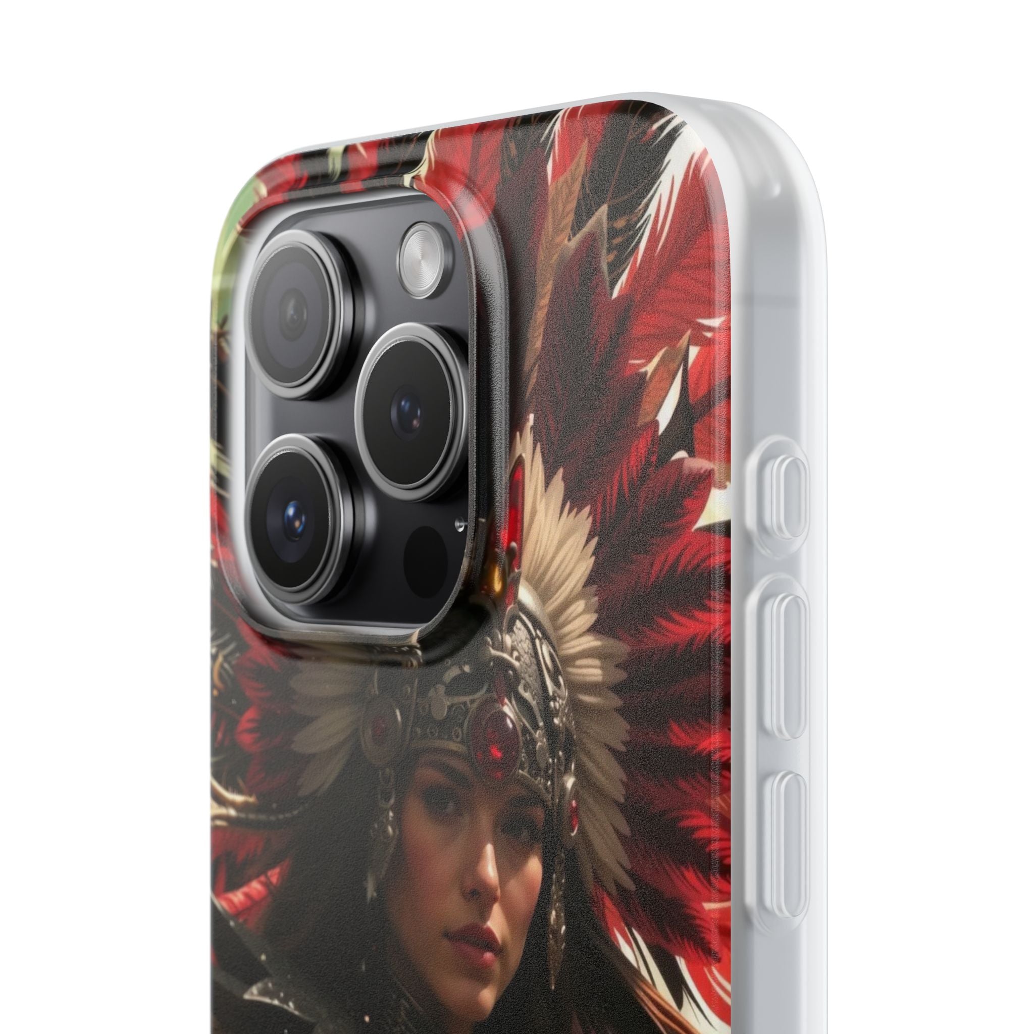 Aztec Blood Feather Goddess – Flexi Phone Case (iPhone & Samsung • Clear TPU • Made in USA • Personalized Option)
