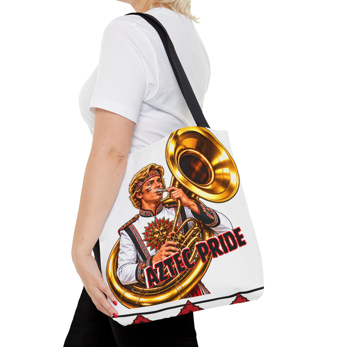 Aztec Tuba Warrior Tote Bag | Aztec-Inspired AI Art • Made & Shipped in the USA • 🚚 FREE USA Shipping • FREE Personalization