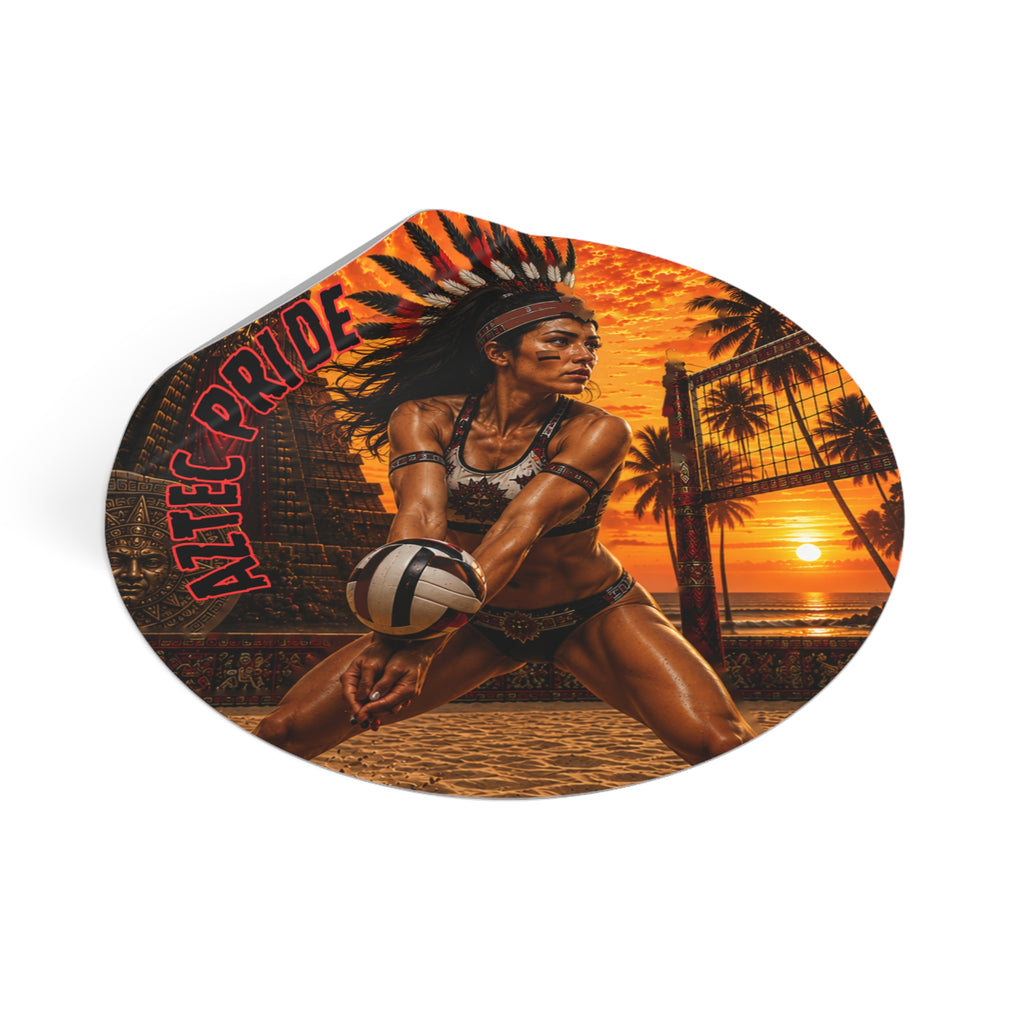 Aztec Beach Volleyball Warrior Round Vinyl Sticker 2”–6” | Made & Shipped in the USA • 🚚 FREE USA Shipping • Personalized Option