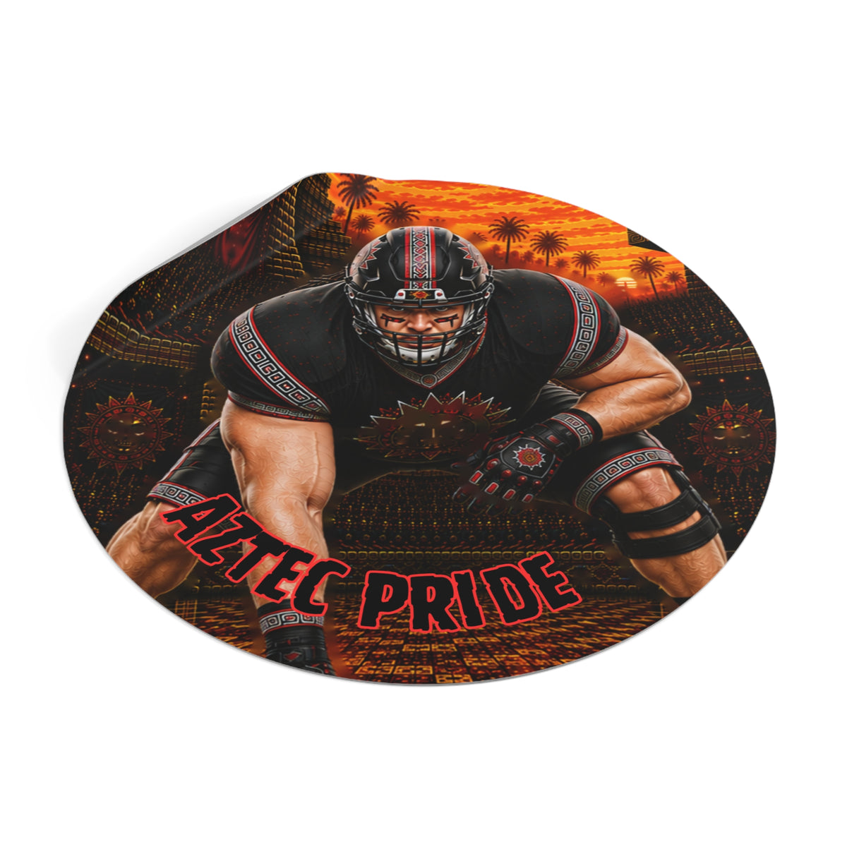 Aztec Football O-Line Warrior Round Vinyl Sticker 2”–6” | Made & Shipped in the USA • 🚚 FREE USA Shipping • Personalized Option