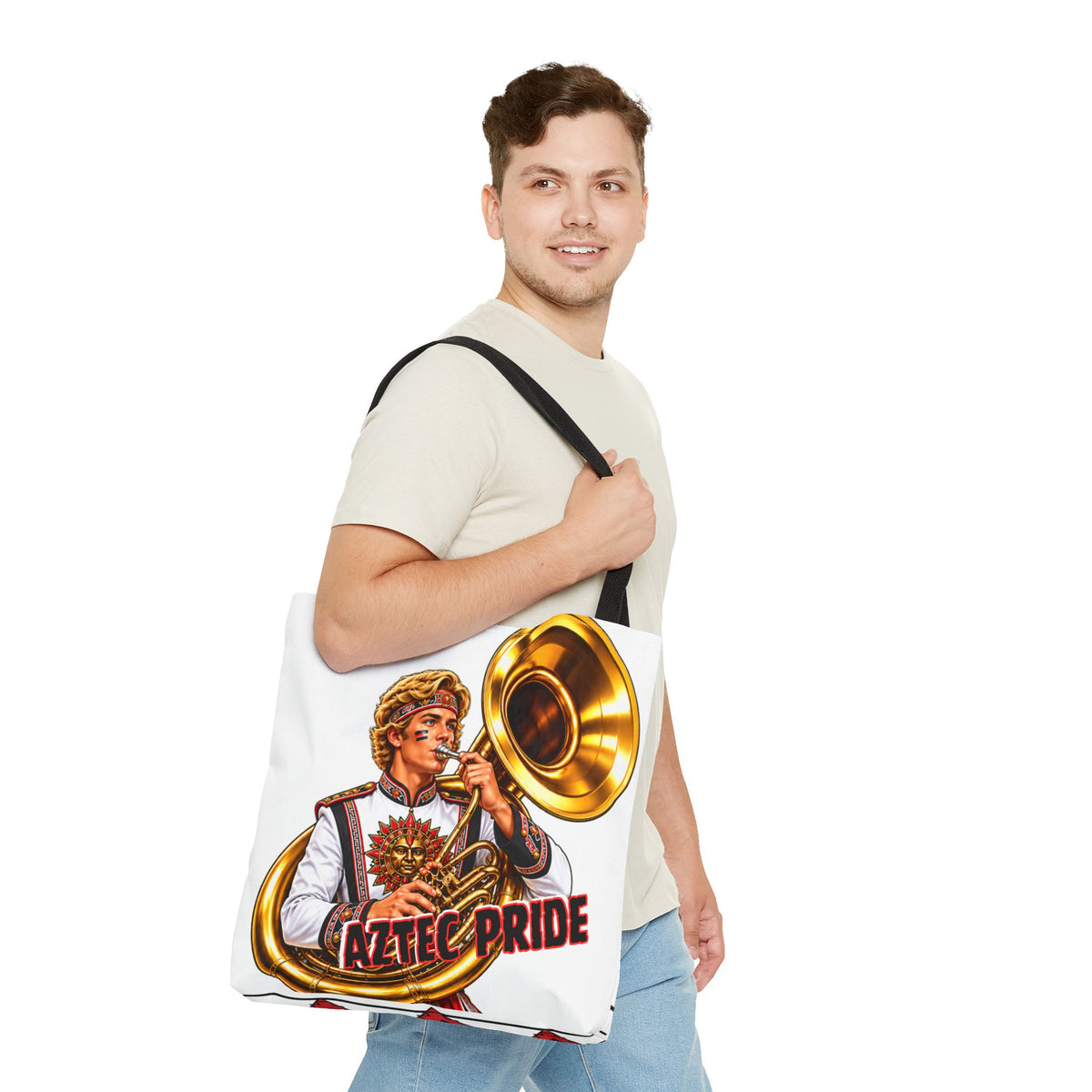 Aztec Tuba Warrior Tote Bag | Aztec-Inspired AI Art • Made & Shipped in the USA • 🚚 FREE USA Shipping • FREE Personalization