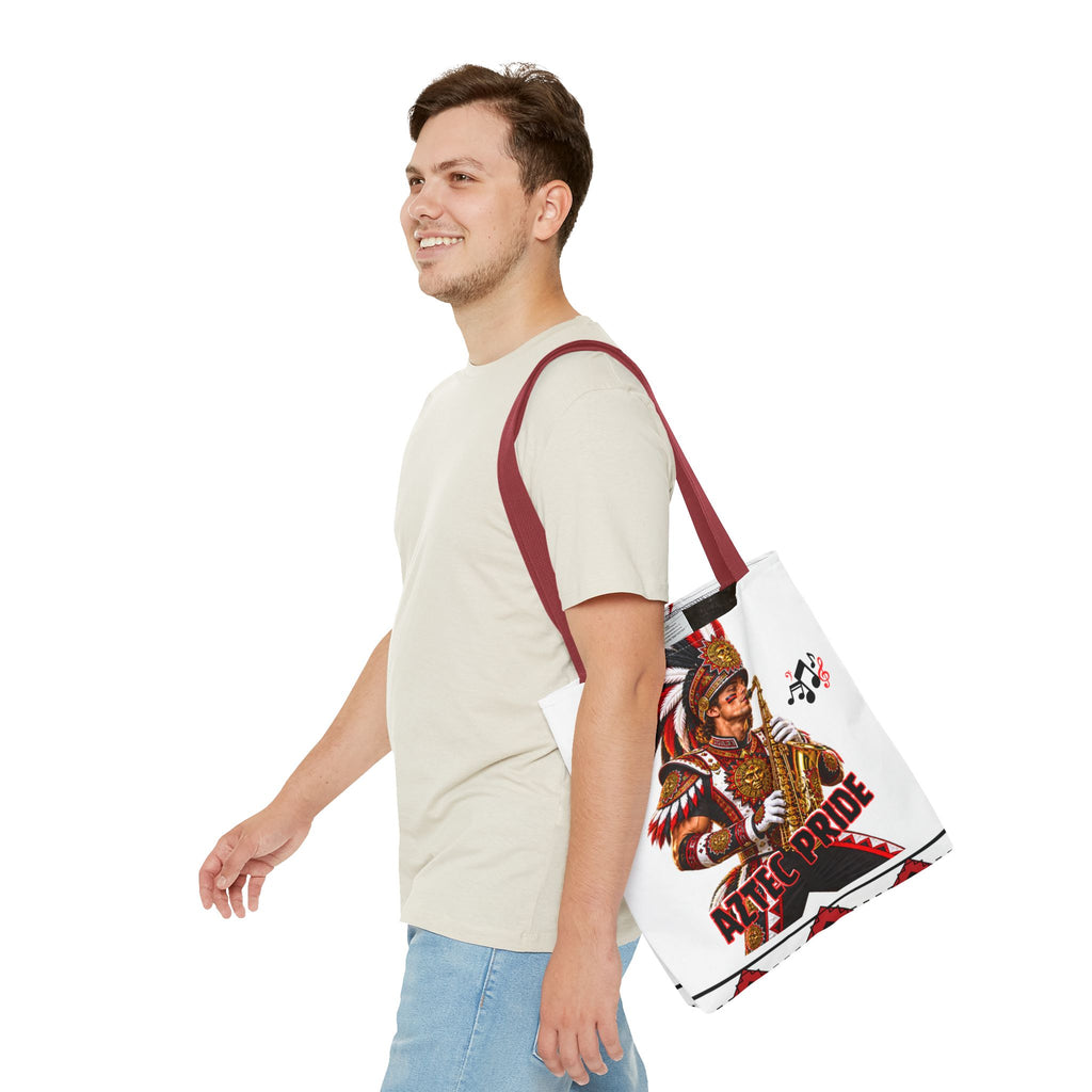 Aztec Saxophone Warrior Tote Bag | Aztec-Inspired AI Art • Made & Shipped in the USA • 🚚 FREE USA Shipping • FREE Personalization