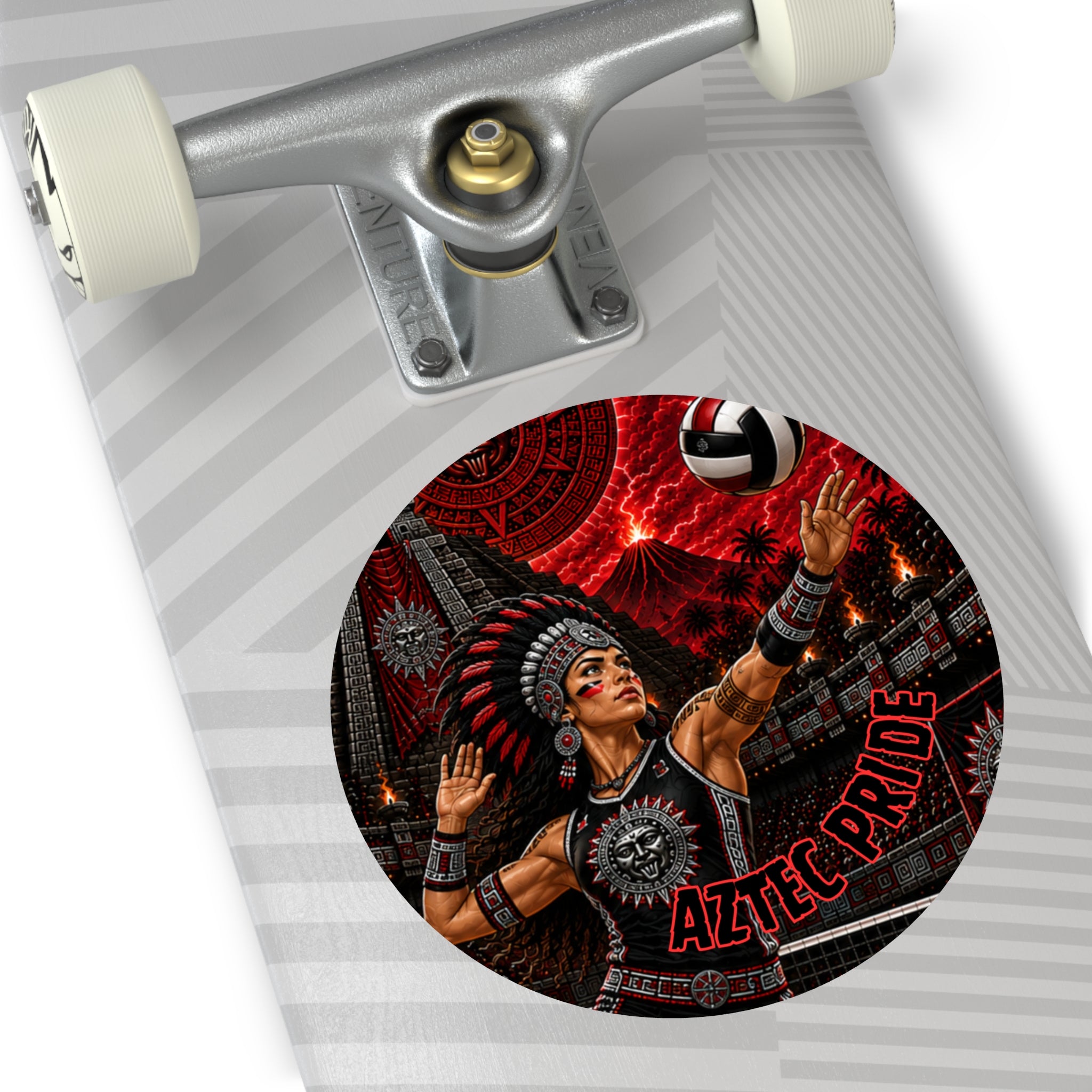 Aztec Volleyball Warrior Round Vinyl Sticker – Waterproof Matte Decal (2”–6”) | Aztec-Inspired AI Art | GringoArte