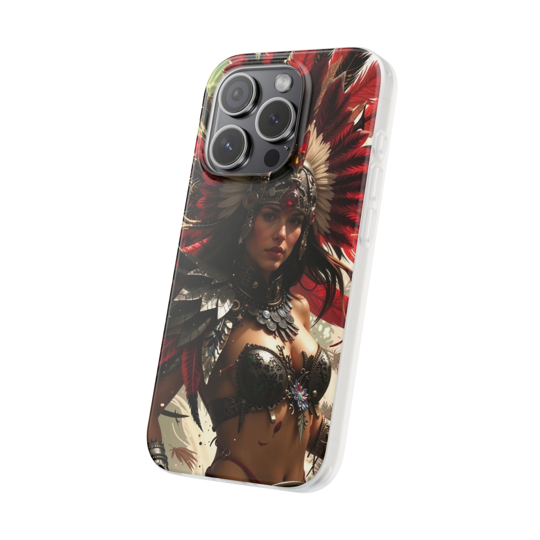 Aztec Blood Feather Goddess – Flexi Phone Case (iPhone & Samsung • Clear TPU • Made in USA • Personalized Option)