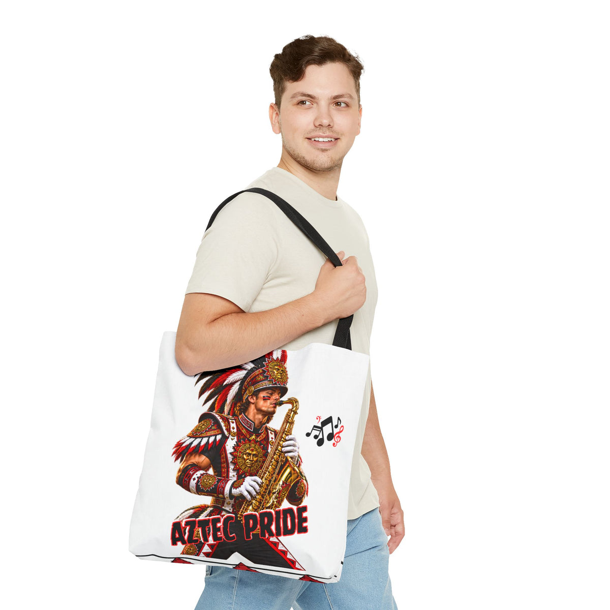 Aztec Saxophone Warrior Tote Bag | Aztec-Inspired AI Art • Made & Shipped in the USA • 🚚 FREE USA Shipping • FREE Personalization