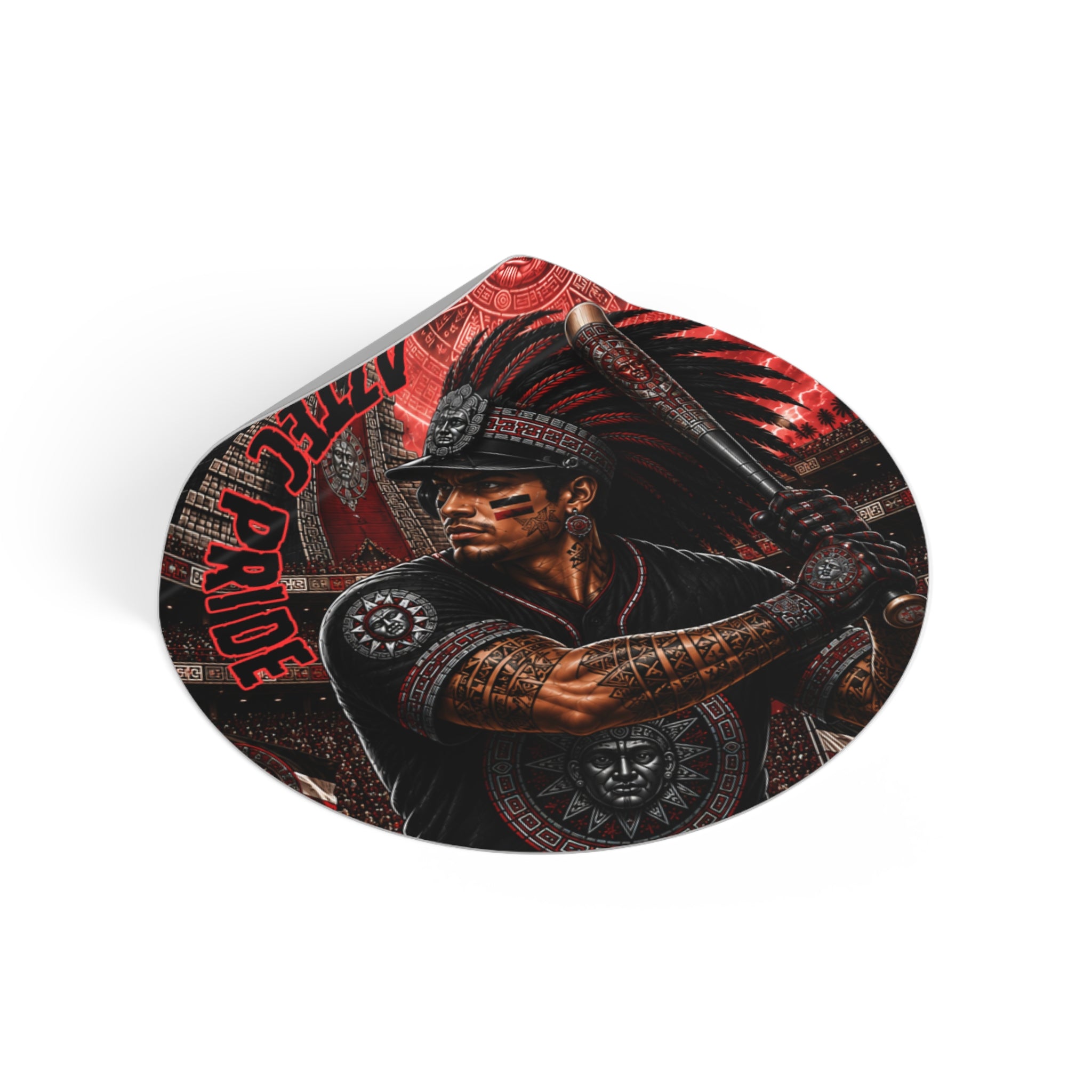 Aztec Baseball Warrior Round Vinyl Sticker – Waterproof Matte Decal (2”–6”) | Aztec-Inspired AI Art | GringoArte