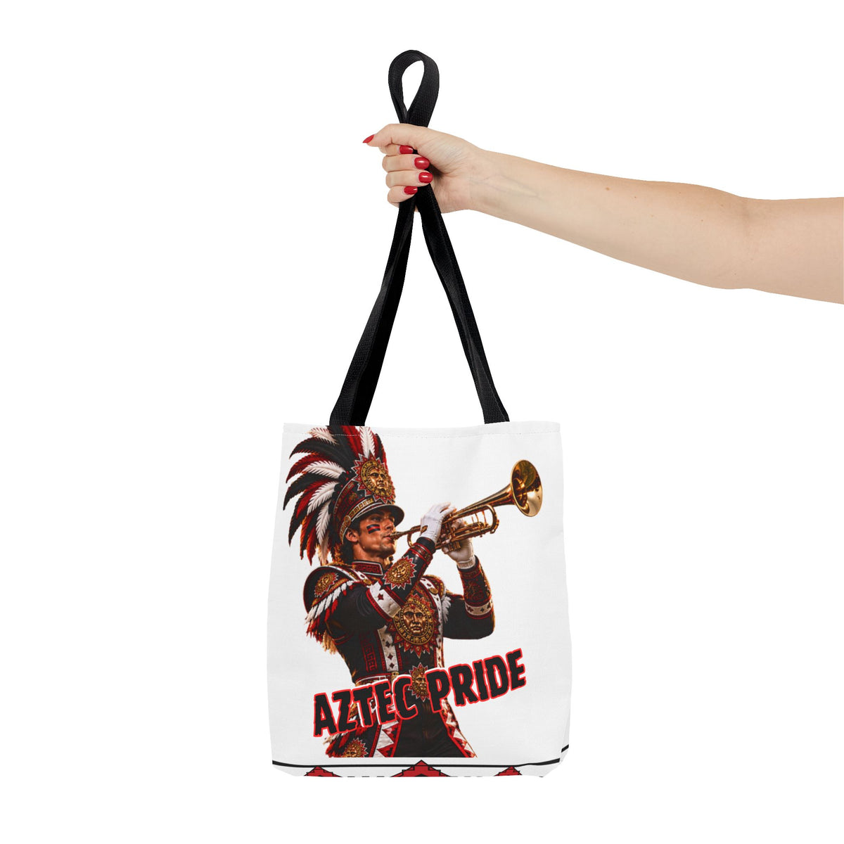 Aztec Trumpet Warrior Tote Bag | Aztec-Inspired AI Art • Made & Shipped in the USA • 🚚 FREE USA Shipping • FREE Personalization