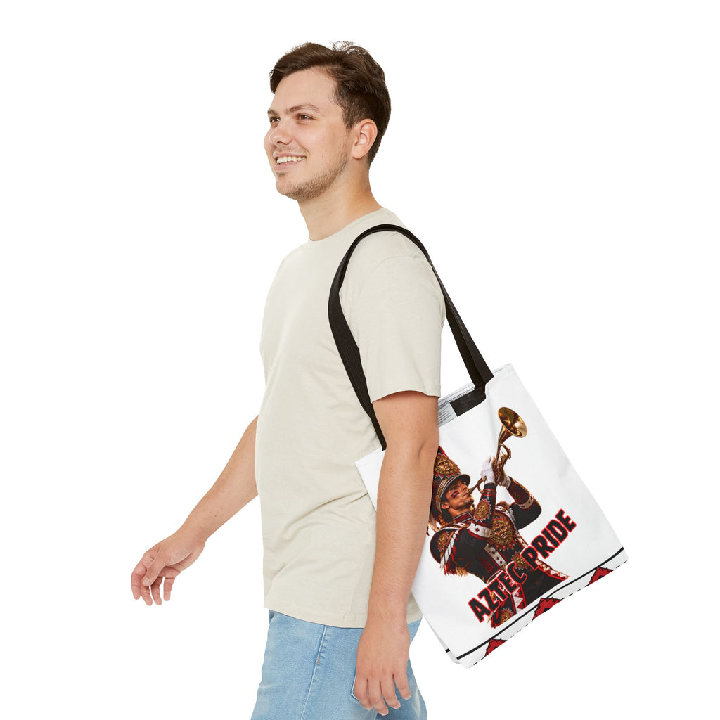 Aztec Trumpet Warrior Tote Bag | Aztec-Inspired AI Art • Made & Shipped in the USA • 🚚 FREE USA Shipping • FREE Personalization