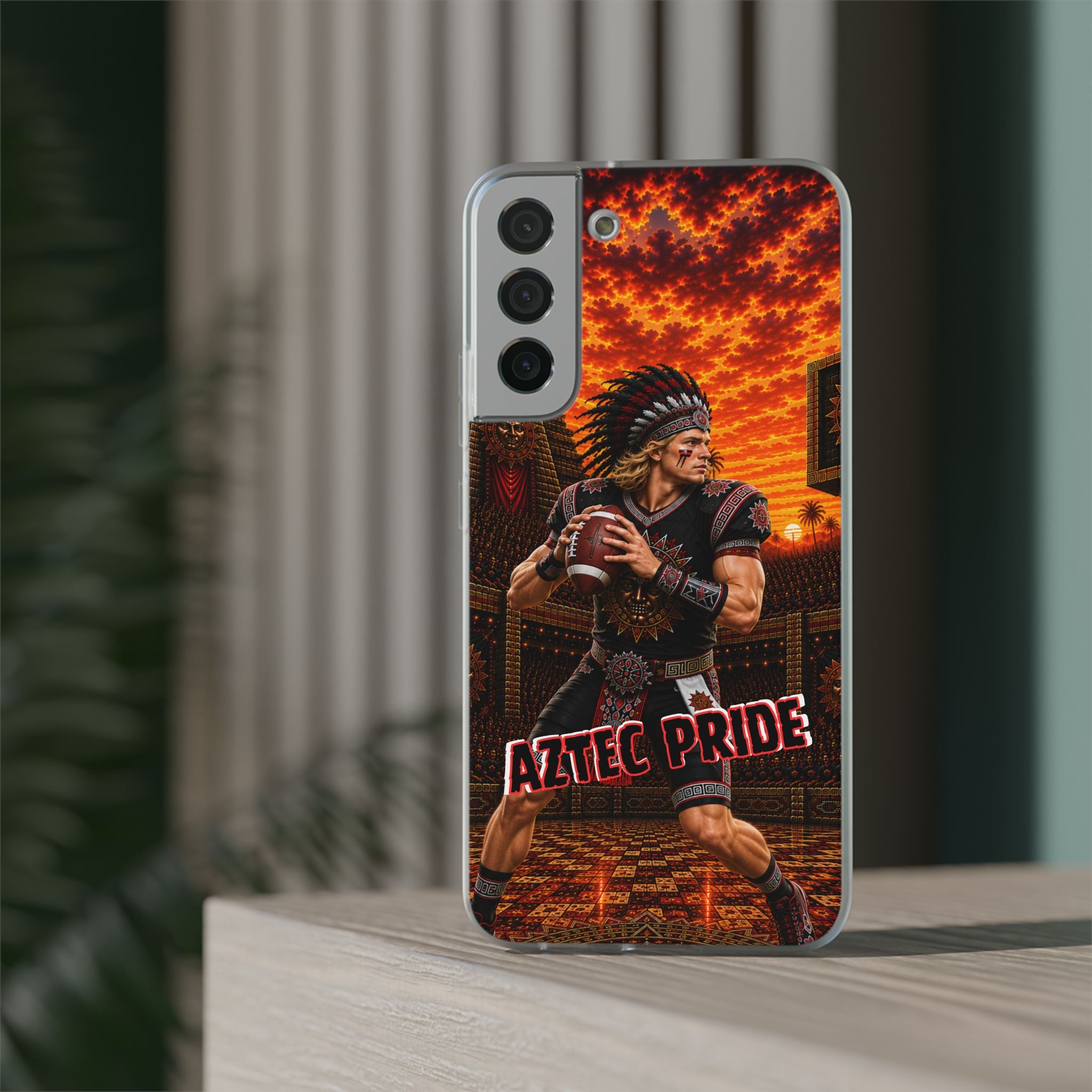 Aztec Football Warrior – Flexi Phone Case (iPhone & Samsung • Clear TPU • Made & Shipped in the USA • 🚚 FREE USA Shipping • Personalized Option)
