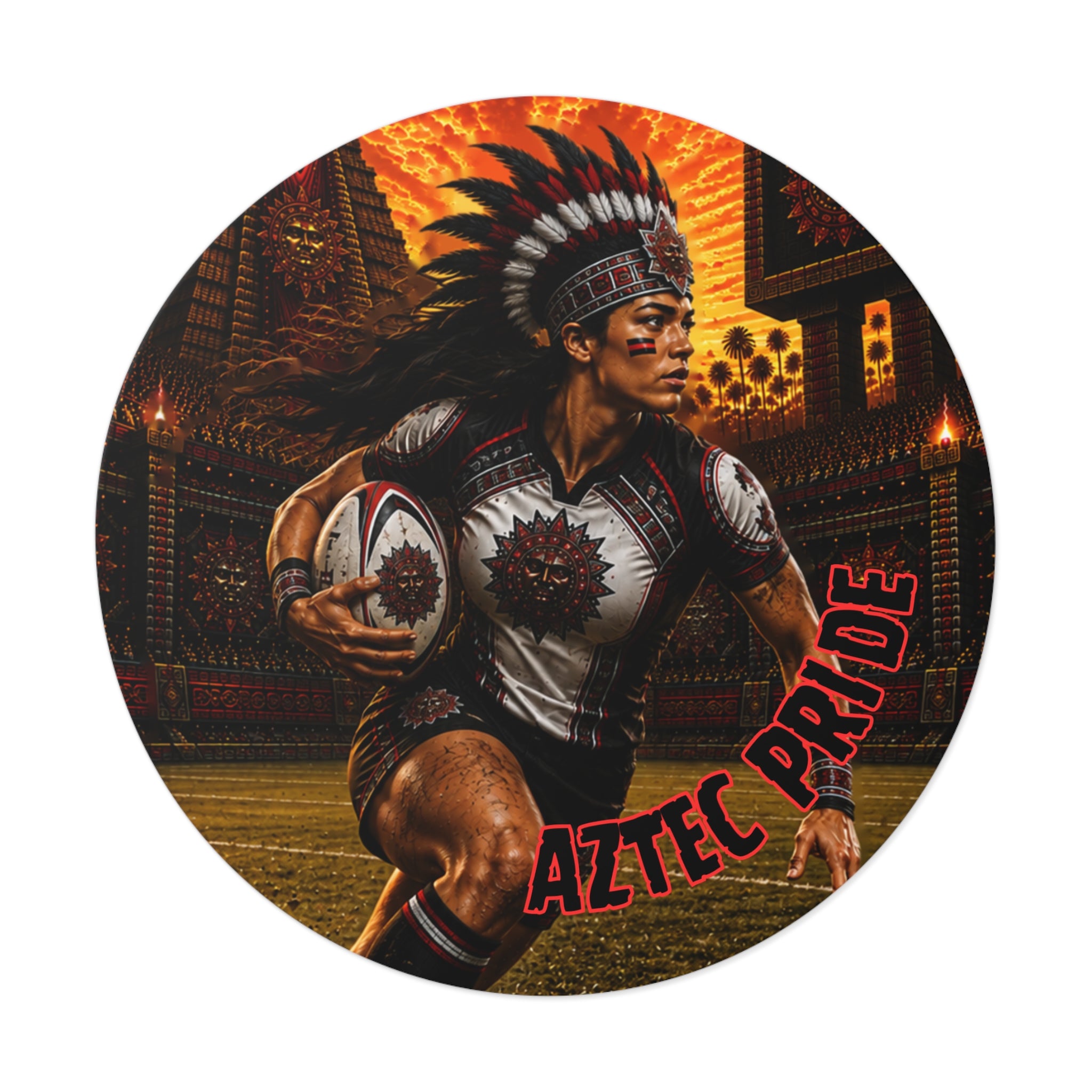 Aztec Rugby Female Warrior Round Vinyl Sticker 2”–6” | Made & Shipped in the USA • 🚚 FREE USA Shipping • Personalized Option