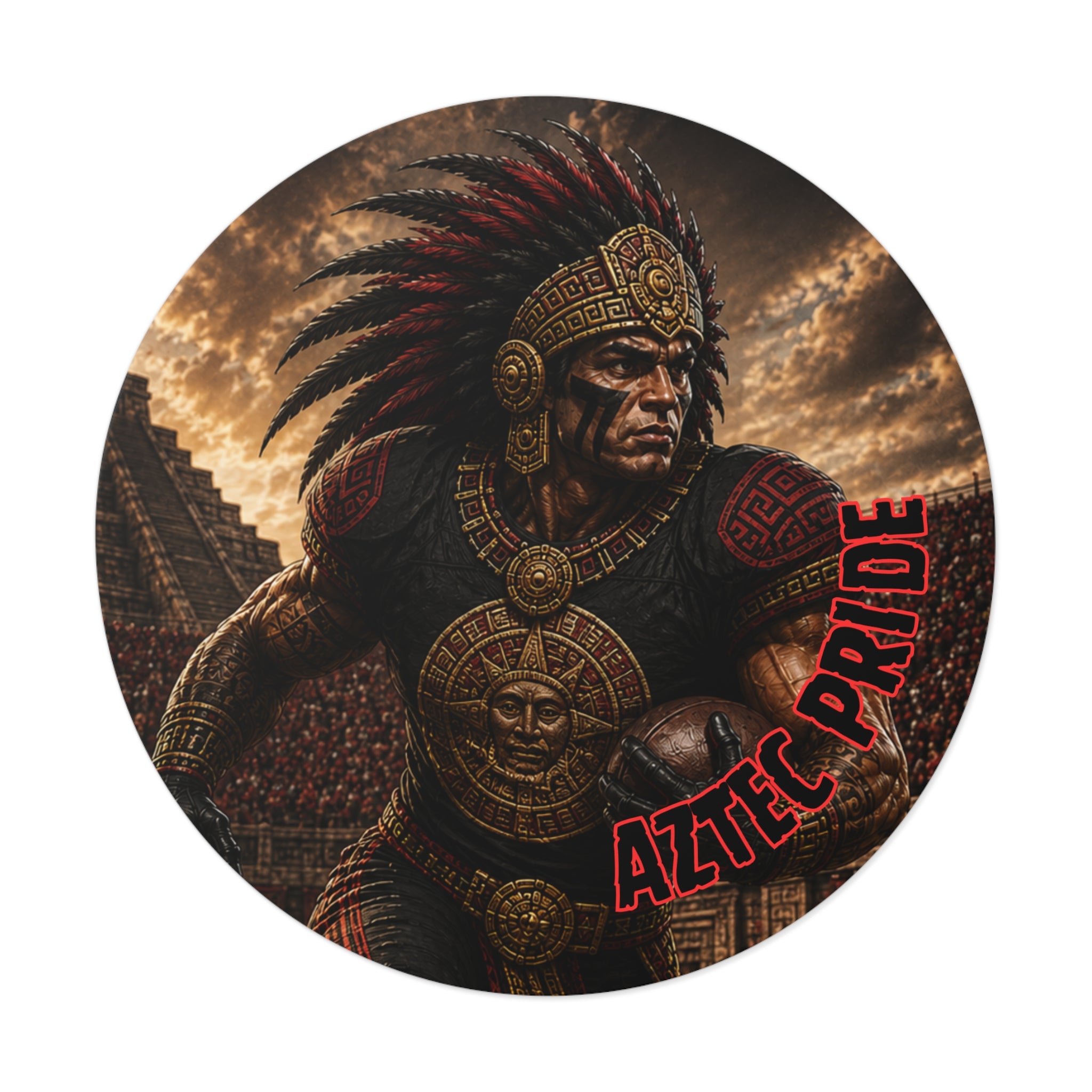 Aztec Football Running Back Warrior Round Vinyl Sticker - Waterproof Matte Decal 2”-6” | Aztec-Inspired AI Art | GringoArte