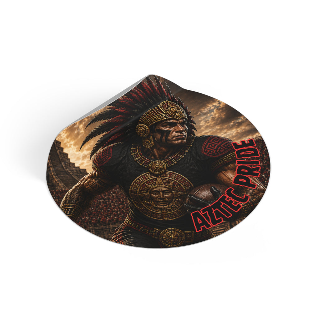 Aztec Football Running Back Warrior Round Vinyl Sticker - Waterproof Matte Decal 2”-6” | Aztec-Inspired AI Art | GringoArte