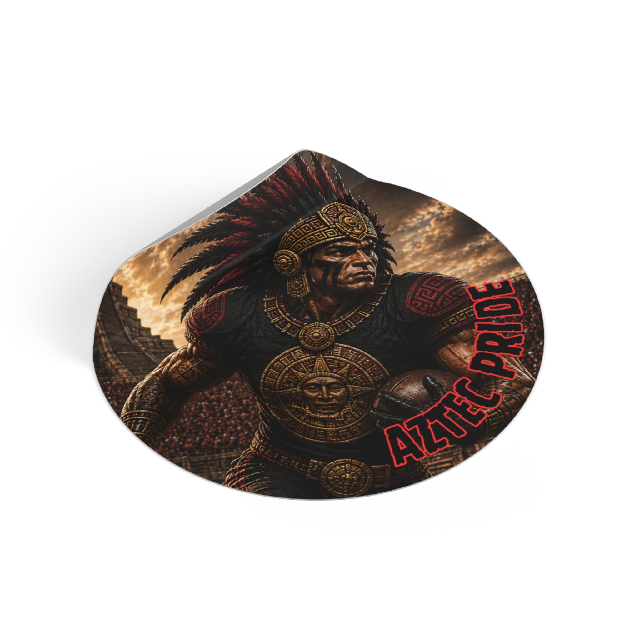 Aztec Football Running Back Warrior Round Vinyl Sticker - Waterproof Matte Decal 2”-6” | Aztec-Inspired AI Art | GringoArte