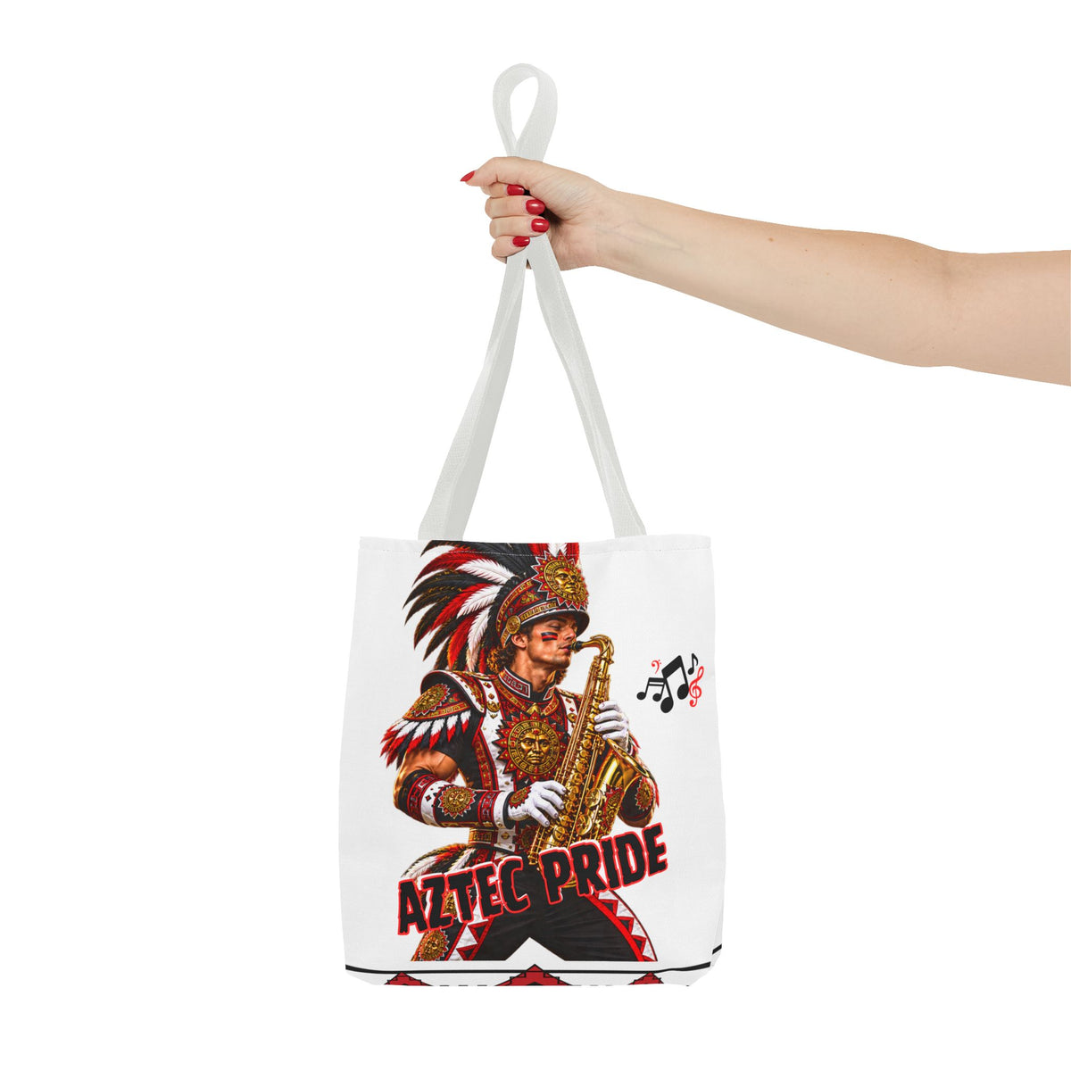 Aztec Saxophone Warrior Tote Bag | Aztec-Inspired AI Art • Made & Shipped in the USA • 🚚 FREE USA Shipping • FREE Personalization