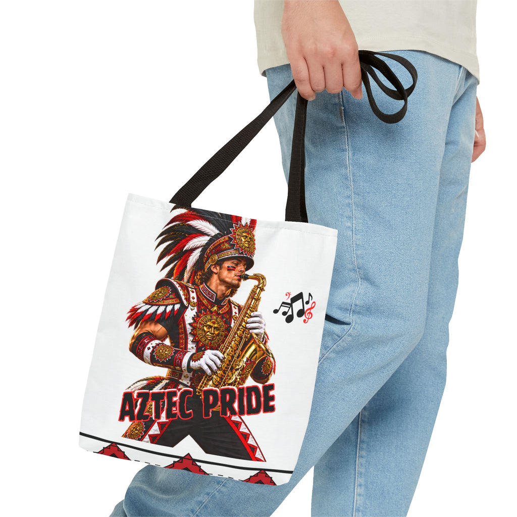 Aztec Saxophone Warrior Tote Bag | Aztec-Inspired AI Art • Made & Shipped in the USA • 🚚 FREE USA Shipping • FREE Personalization