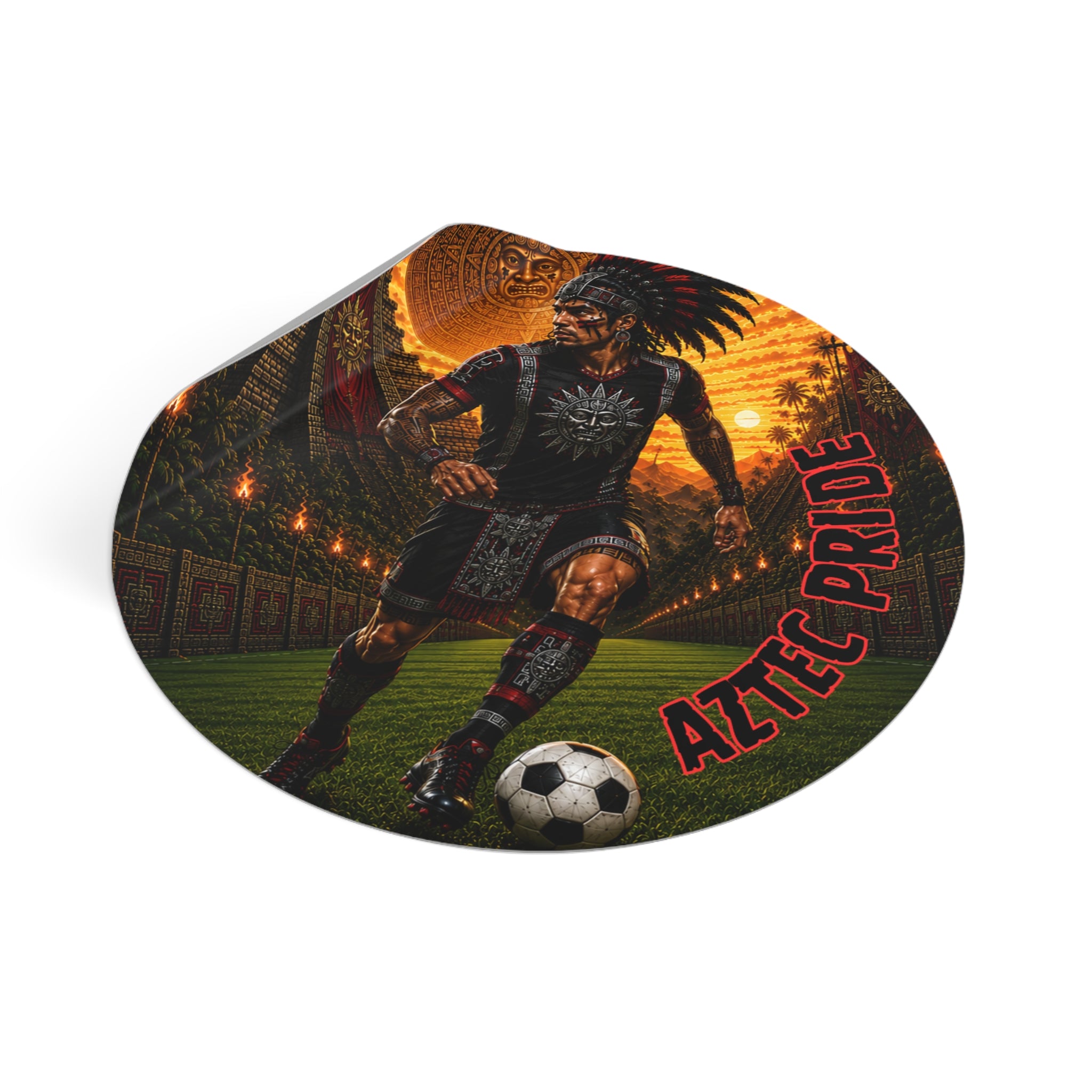 Aztec Soccer Male Warrior Round Vinyl Sticker 2”–6” | Made & Shipped in the USA • 🚚 FREE USA Shipping • Personalized Option