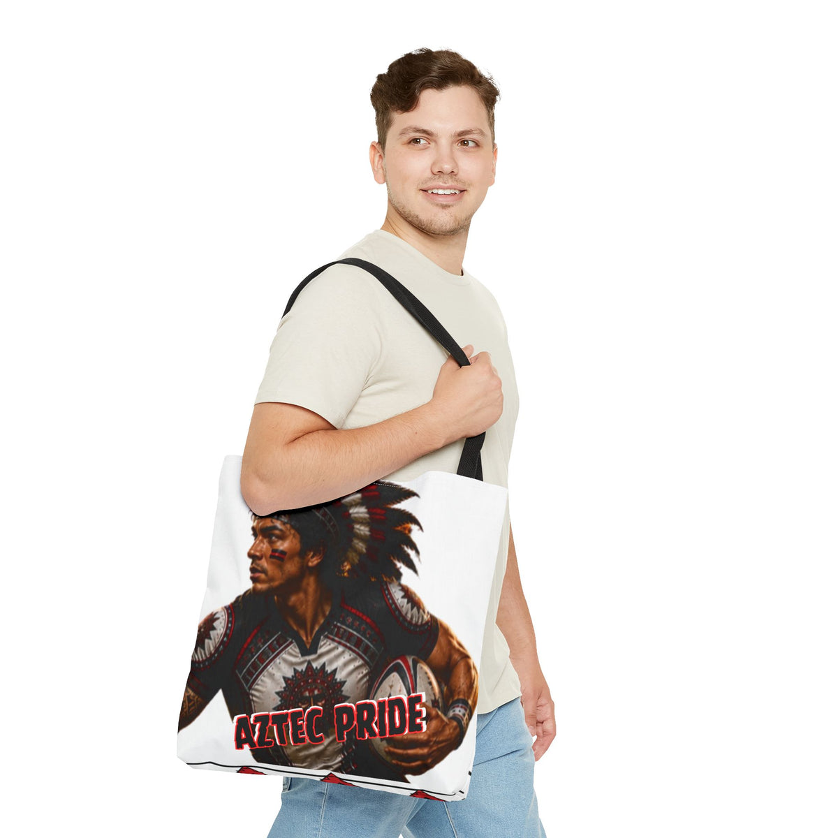 Aztec Rugby Male Warrior Tote Bag | Aztec-Inspired AI Art • Made & Shipped in the USA • 🚚 FREE USA Shipping • FREE Personalization