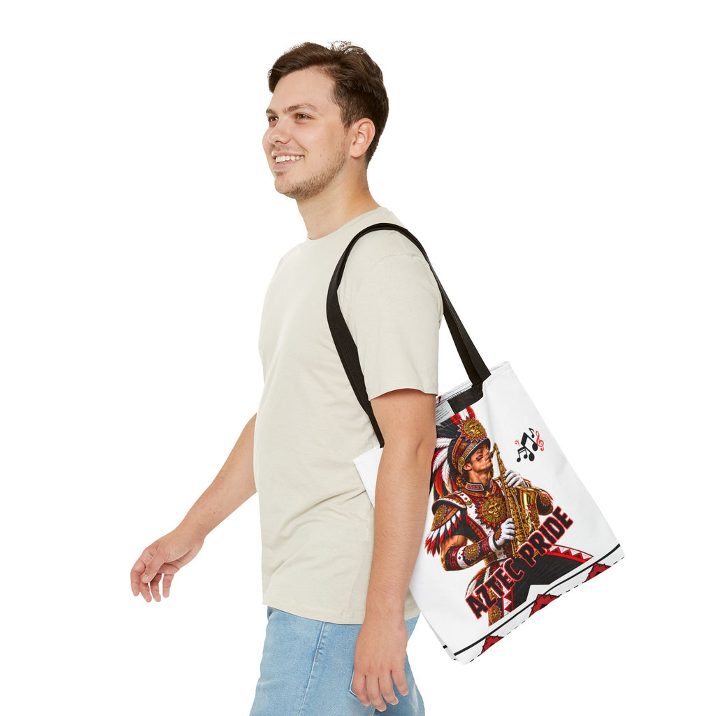 Aztec Saxophone Warrior Tote Bag | Aztec-Inspired AI Art • Made & Shipped in the USA • 🚚 FREE USA Shipping • FREE Personalization