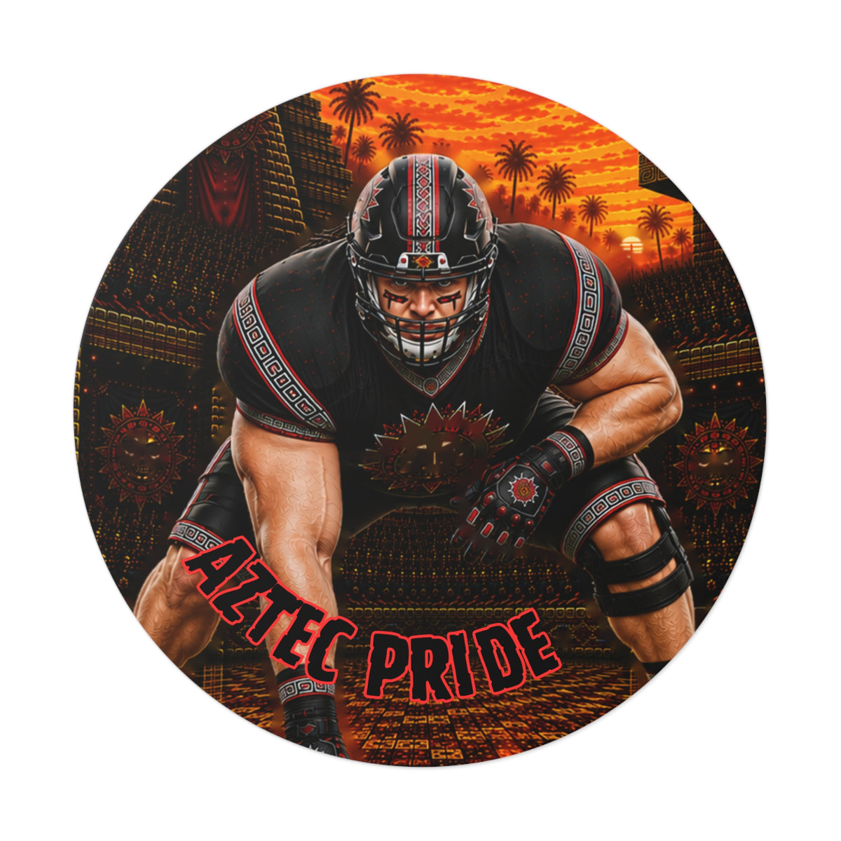 Aztec Football O-Line Warrior Round Vinyl Sticker 2”–6” | Made & Shipped in the USA • 🚚 FREE USA Shipping • Personalized Option