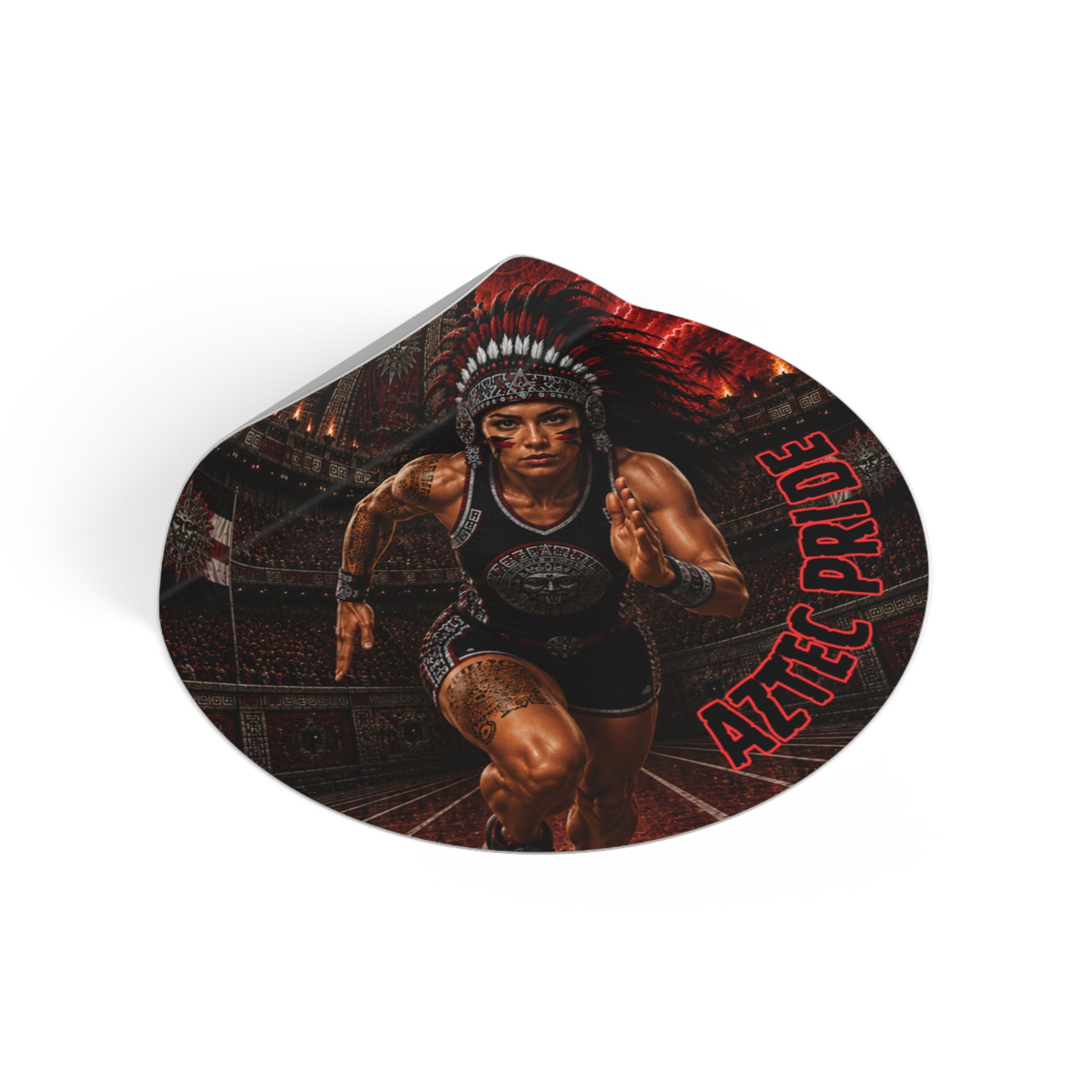 Aztec Track & Field Female Warrior Round Vinyl Sticker 2”–6” | Made & Shipped in the USA • 🚚 FREE USA Shipping • Personalized Option