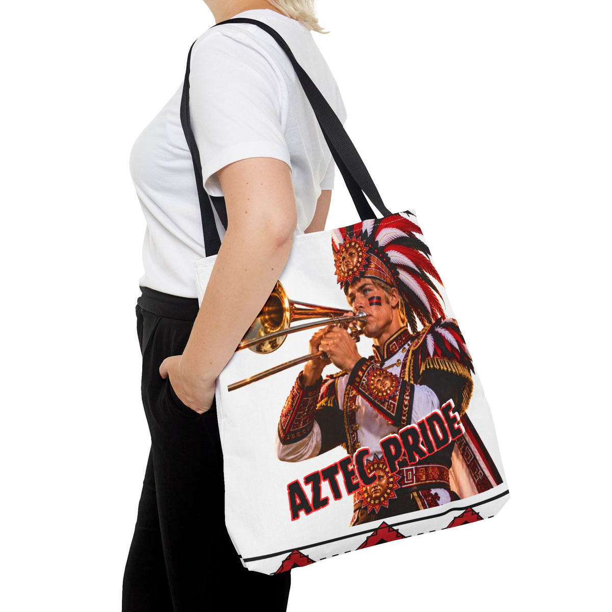 Aztec Trombone Warrior Tote Bag | Aztec-Inspired AI Art • Made & Shipped in the USA • 🚚 FREE USA Shipping • FREE Personalization