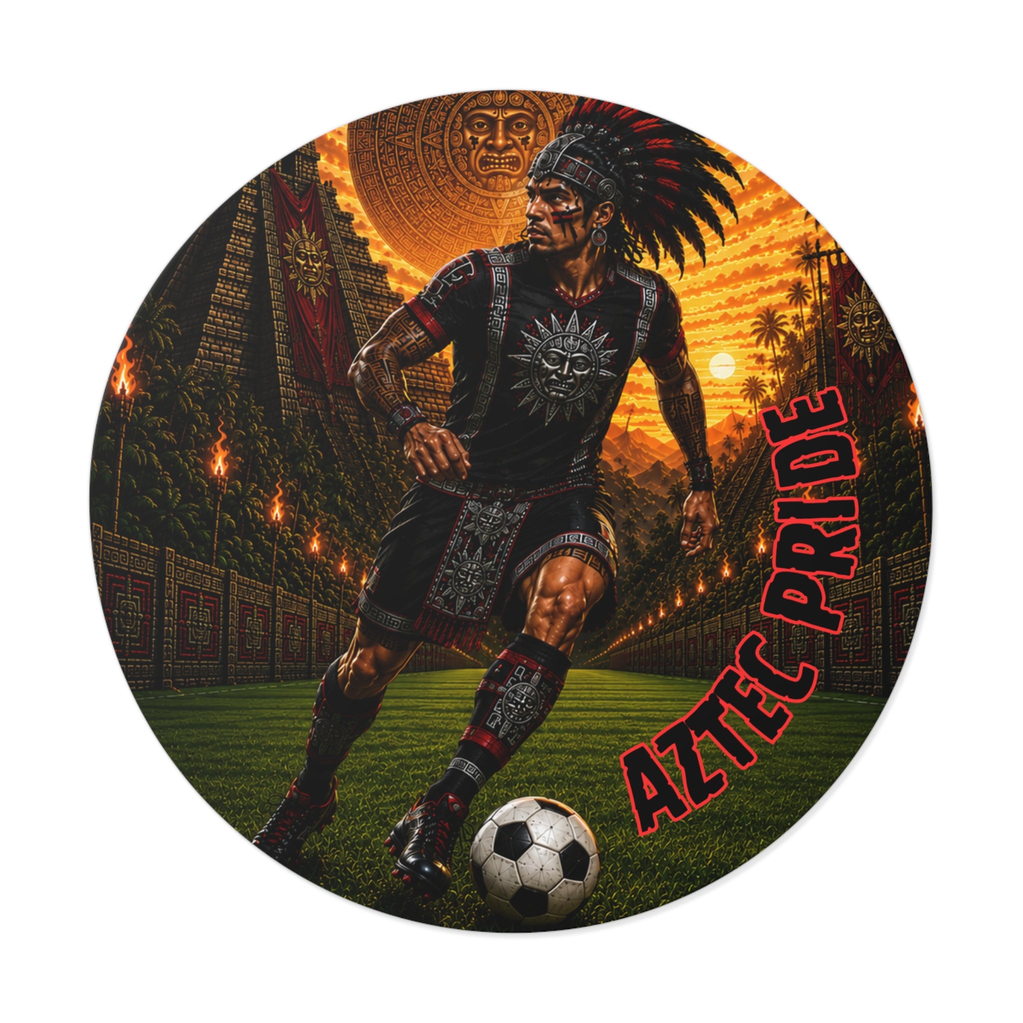 Aztec Soccer Male Warrior Round Vinyl Sticker 2”–6” | Made & Shipped in the USA • 🚚 FREE USA Shipping • Personalized Option