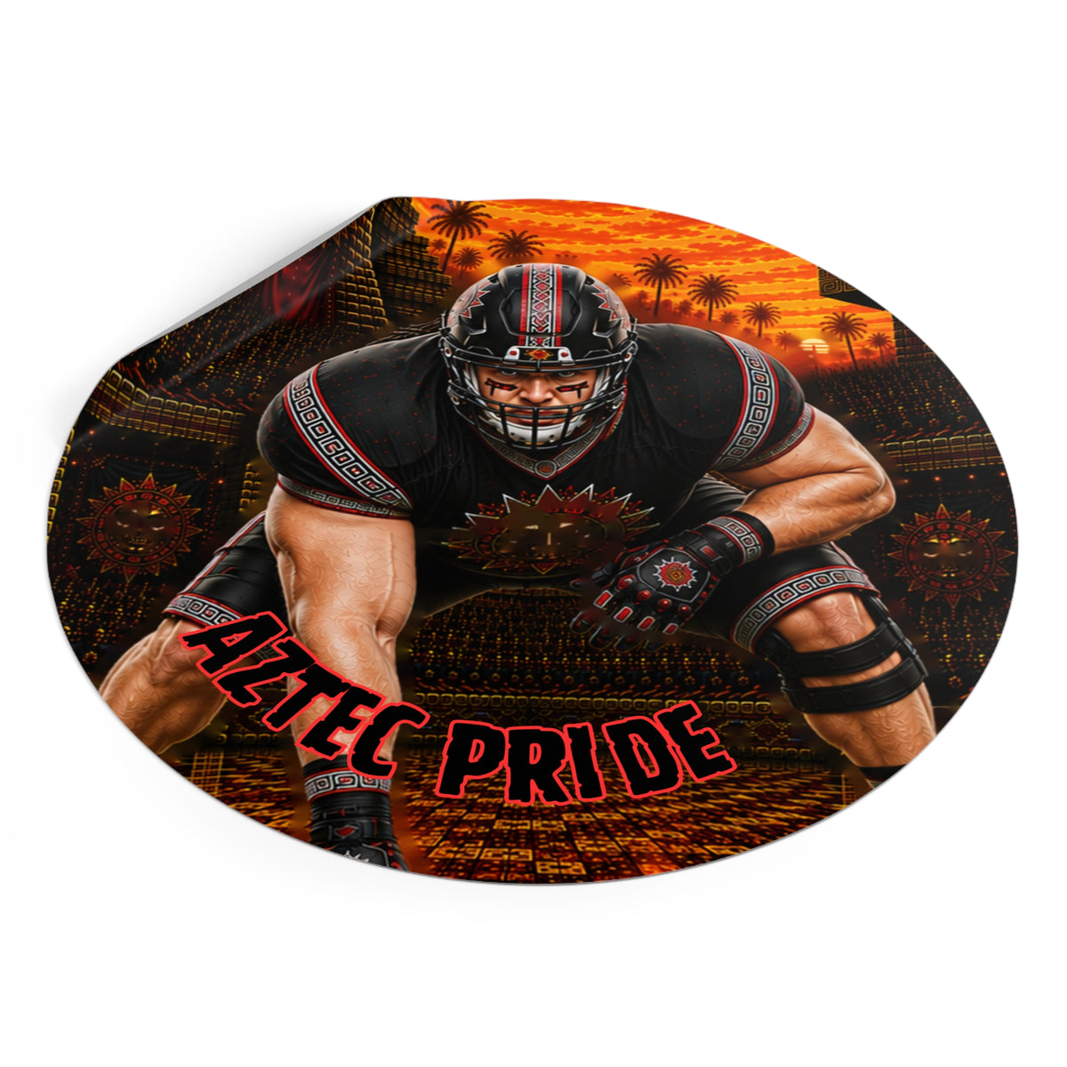Aztec Football O-Line Warrior Round Vinyl Sticker 2”–6” | Made & Shipped in the USA • 🚚 FREE USA Shipping • Personalized Option