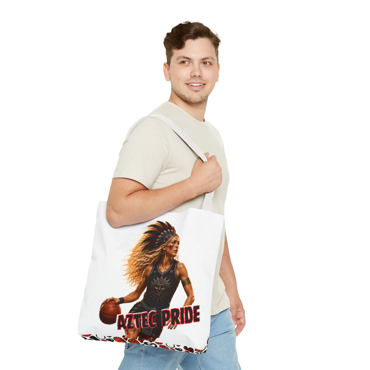 Aztec Basketball Female Warrior Tote Bag | Aztec-Inspired AI Art • Made & Shipped in the USA • 🚚 FREE USA Shipping • FREE Personalization