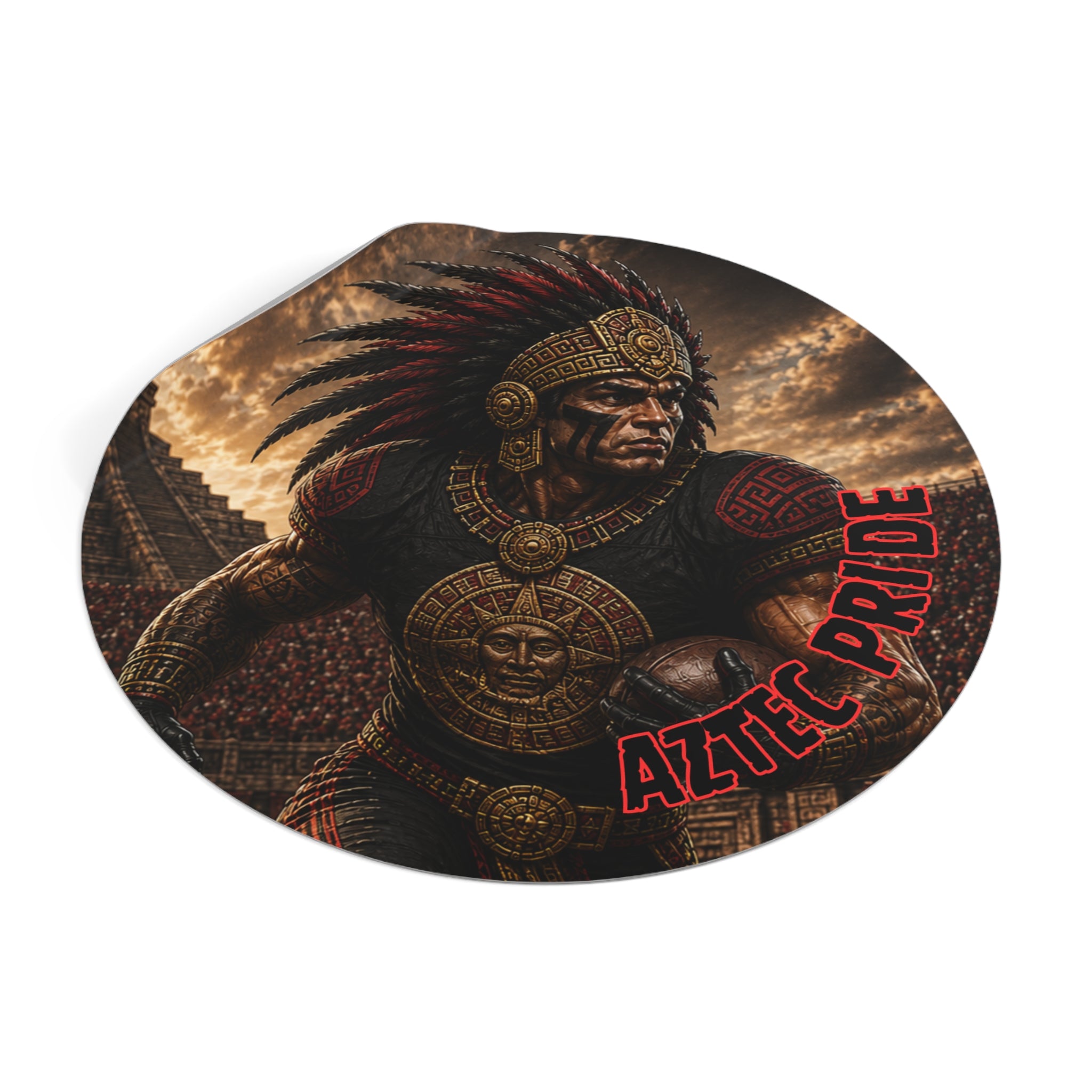 Aztec Football Running Back Warrior Round Vinyl Sticker - Waterproof Matte Decal 2”-6” | Aztec-Inspired AI Art | GringoArte