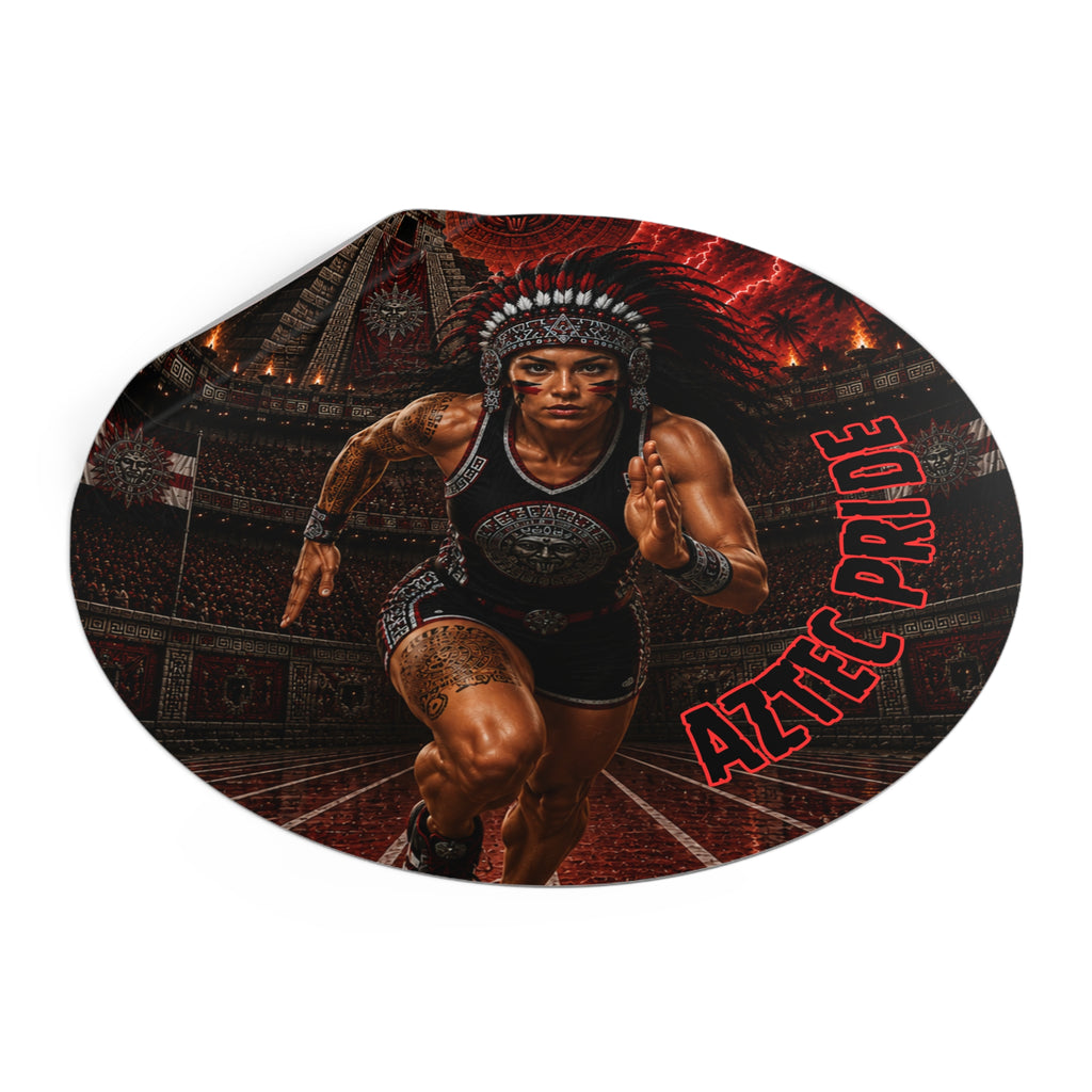 Aztec Track & Field Female Warrior Round Vinyl Sticker 2”–6” | Made & Shipped in the USA • 🚚 FREE USA Shipping • Personalized Option