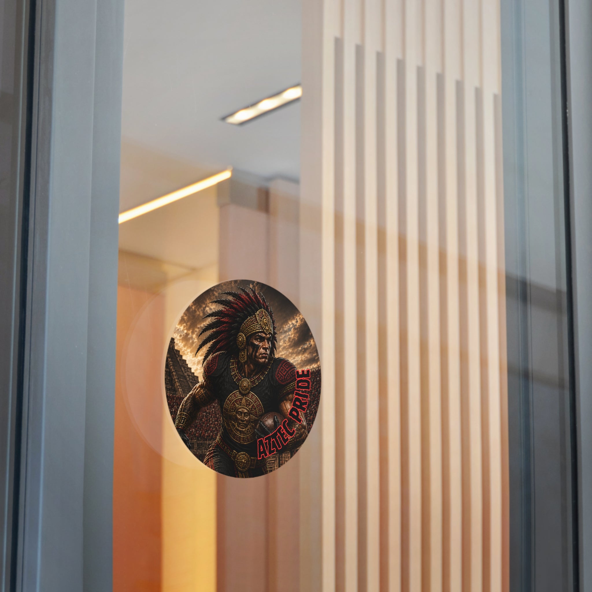Aztec Football Running Back Warrior Round Vinyl Sticker - Waterproof Matte Decal 2”-6” | Aztec-Inspired AI Art | GringoArte