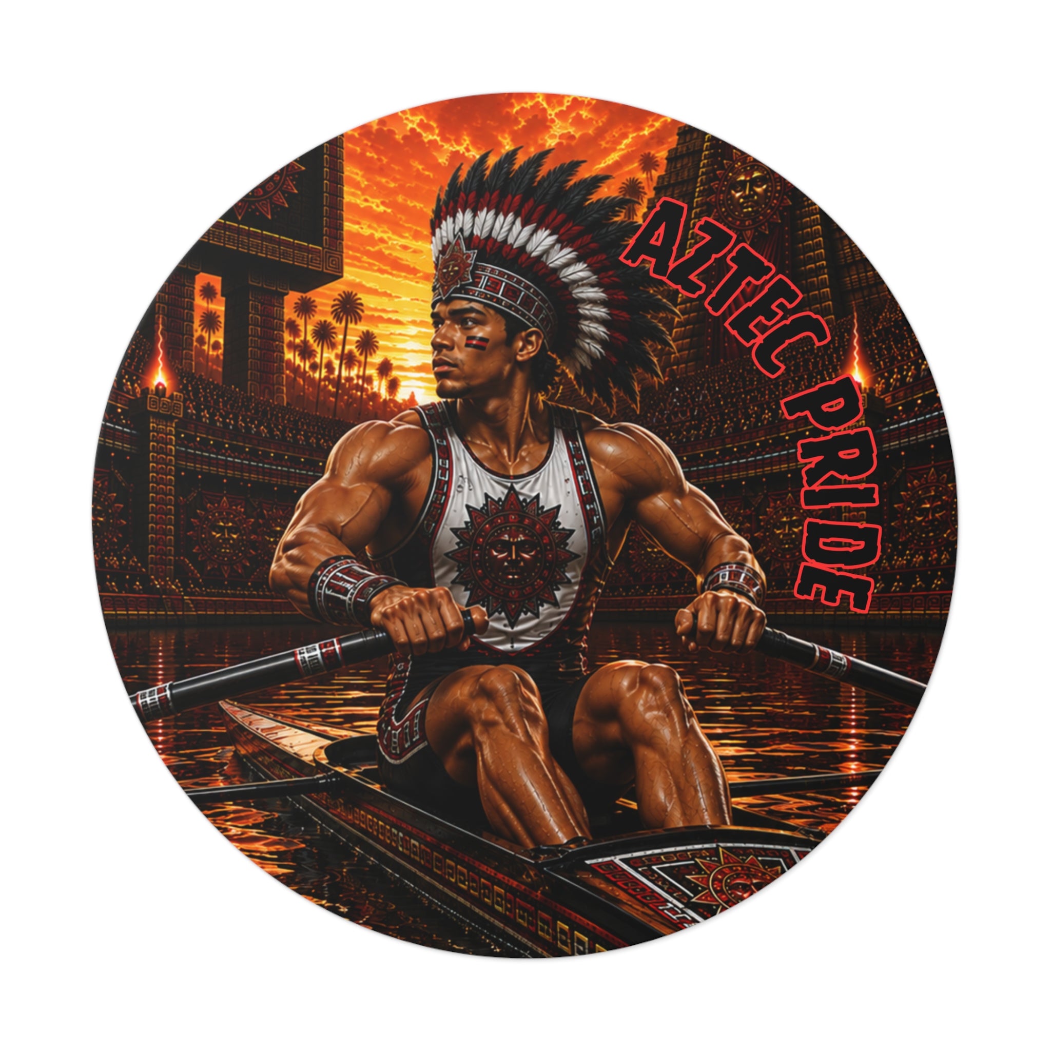 Aztec Rowing Warrior Round Vinyl Sticker 2”–6” | Made & Shipped in the USA • 🚚 FREE USA Shipping • Personalized Option