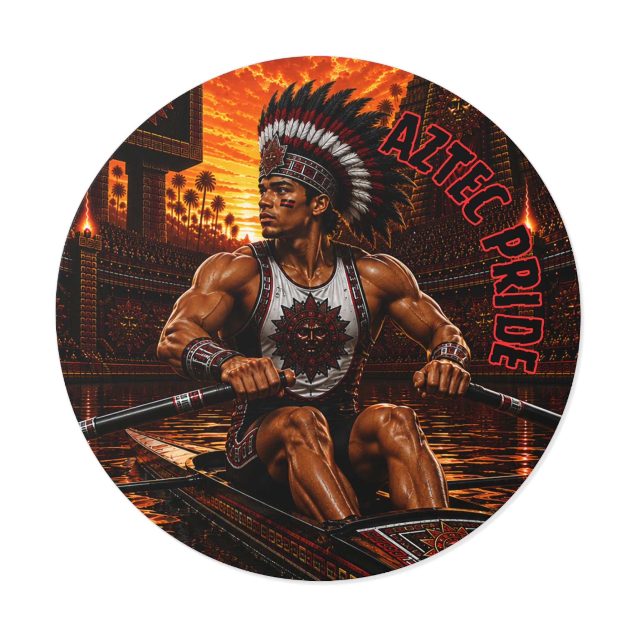 Aztec Rowing Warrior Round Vinyl Sticker 2”–6” | Made & Shipped in the USA • 🚚 FREE USA Shipping • Personalized Option