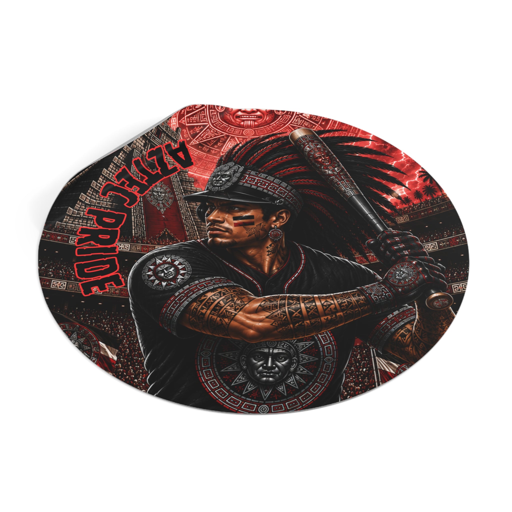 Aztec Baseball Warrior Round Vinyl Sticker – Waterproof Matte Decal (2”–6”) | Aztec-Inspired AI Art | GringoArte