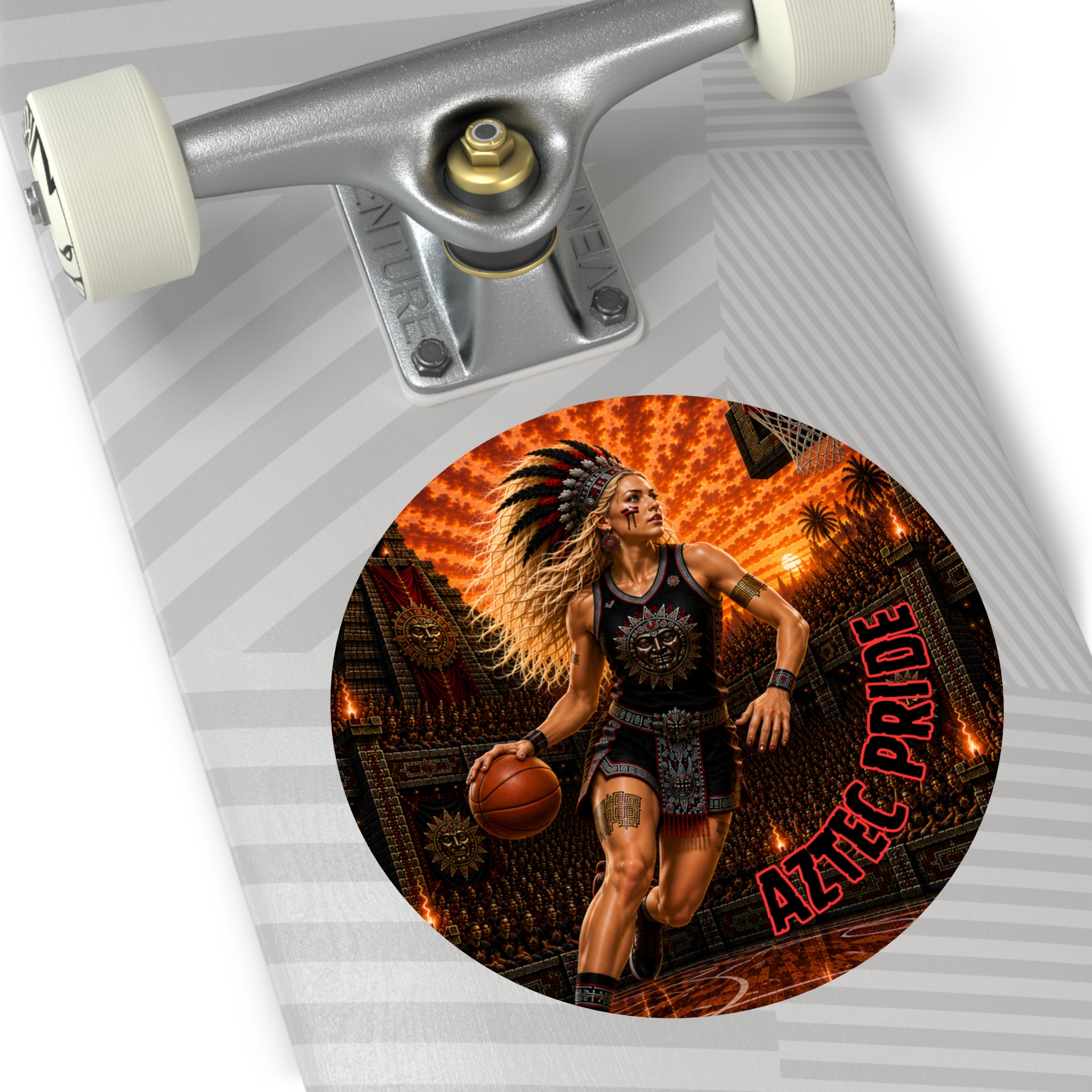 Aztec Basketball Female Warrior Round Vinyl Sticker 2”–6” | Made & Shipped in the USA • 🚚 FREE USA Shipping • Personalized Option