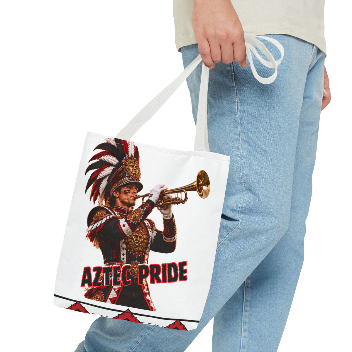 Aztec Trumpet Warrior Tote Bag | Aztec-Inspired AI Art • Made & Shipped in the USA • 🚚 FREE USA Shipping • FREE Personalization