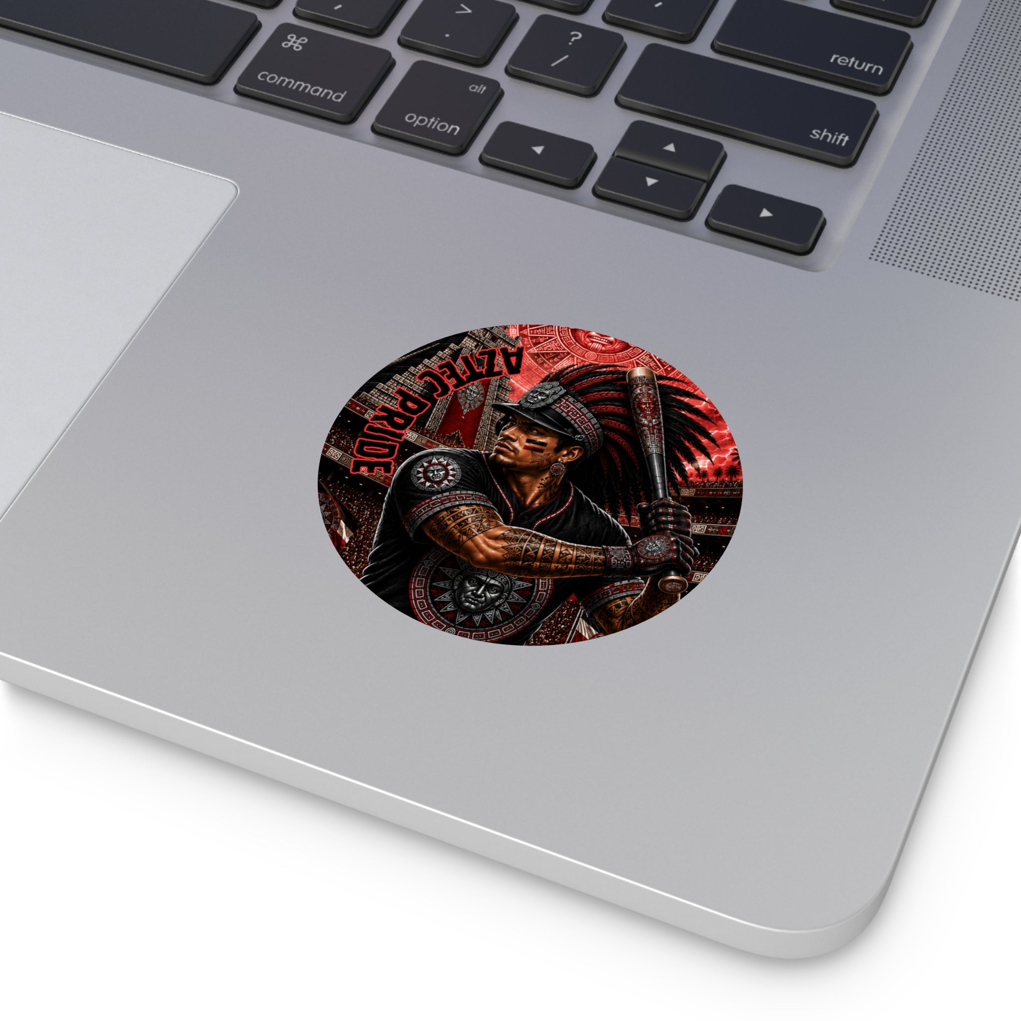 Aztec Baseball Warrior Round Vinyl Sticker – Waterproof Matte Decal (2”–6”) | Aztec-Inspired AI Art | GringoArte