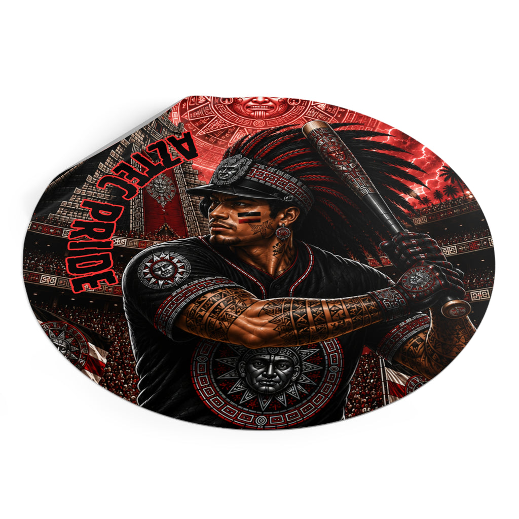 Aztec Baseball Warrior Round Vinyl Sticker – Waterproof Matte Decal (2”–6”) | Aztec-Inspired AI Art | GringoArte