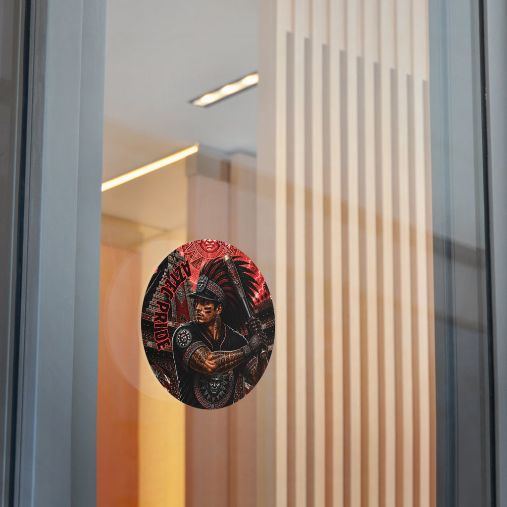 Aztec Baseball Warrior Round Vinyl Sticker – Waterproof Matte Decal (2”–6”) | Aztec-Inspired AI Art | GringoArte